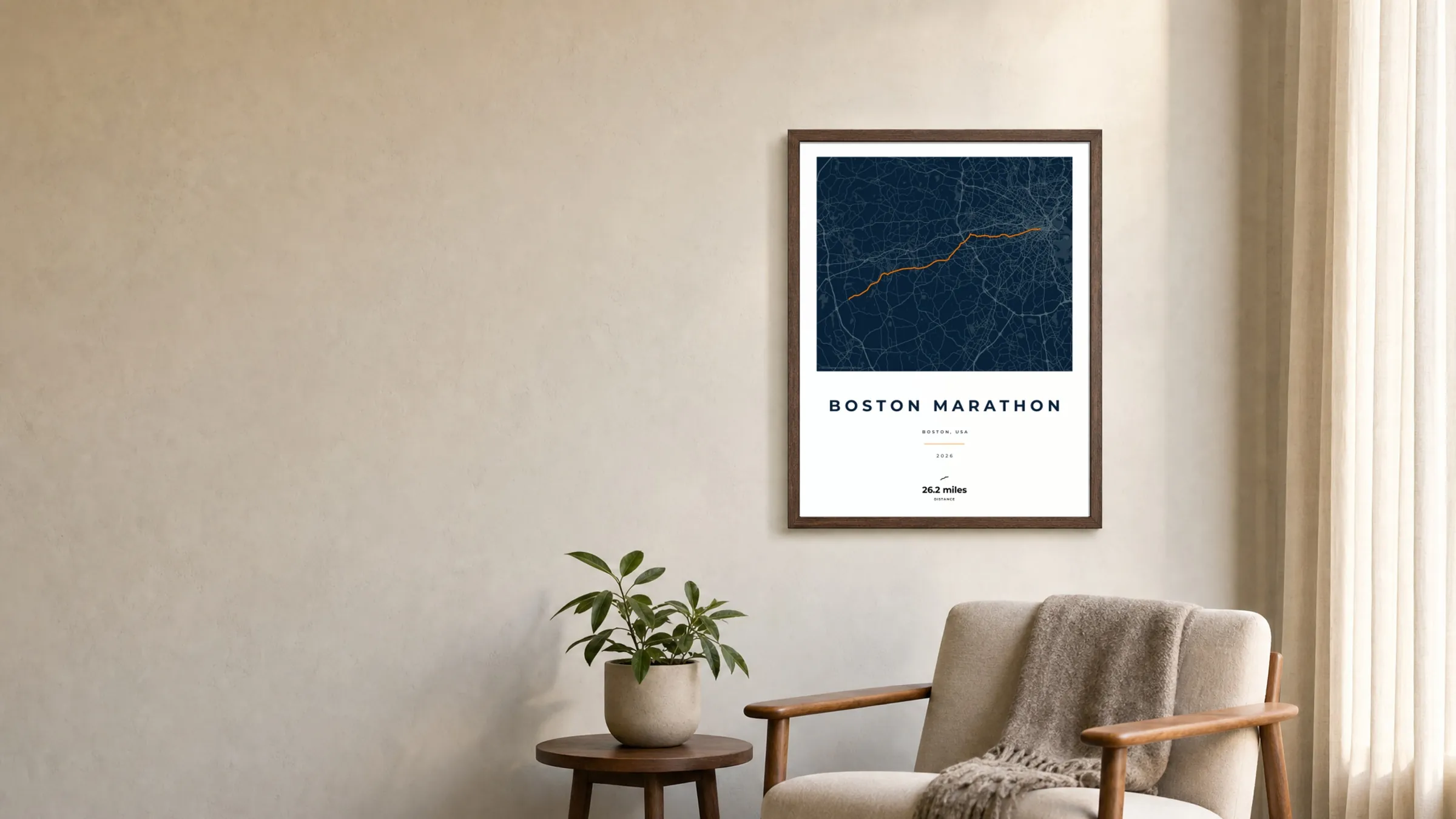 Boston Marathon 2026 Race Blueprint route print in a dark walnut frame on a living-room wall