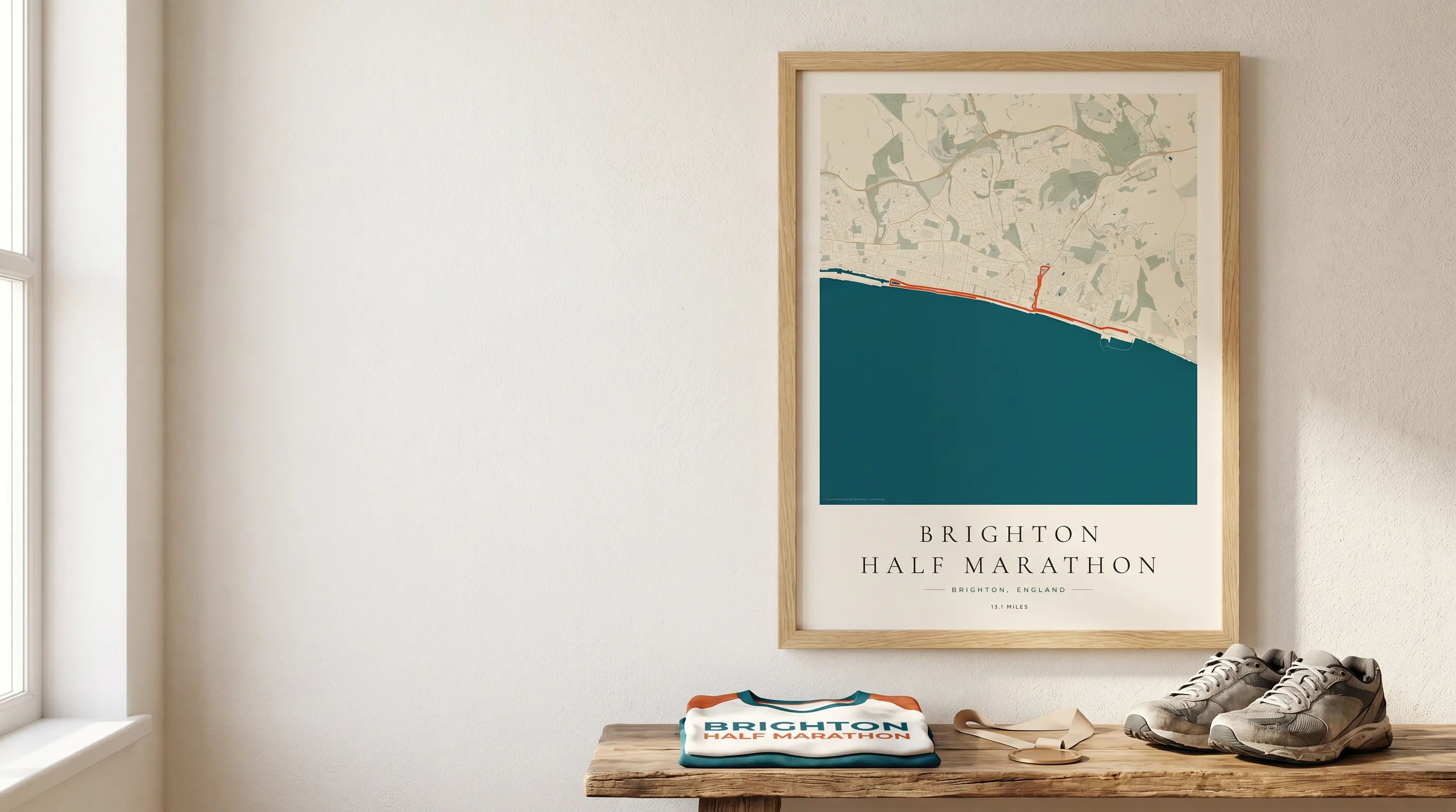 Framed Brighton Half Marathon route poster in a warm Route Into Art wall art scene