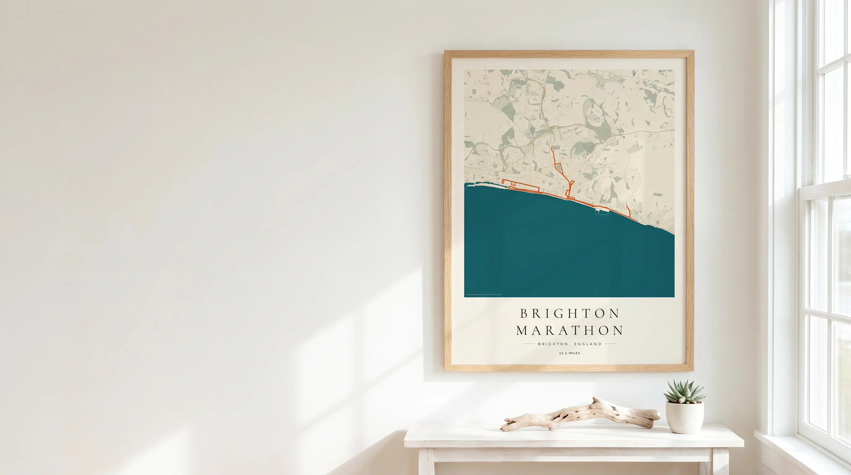 Framed Brighton Marathon route poster in a warm Route Into Art wall art scene