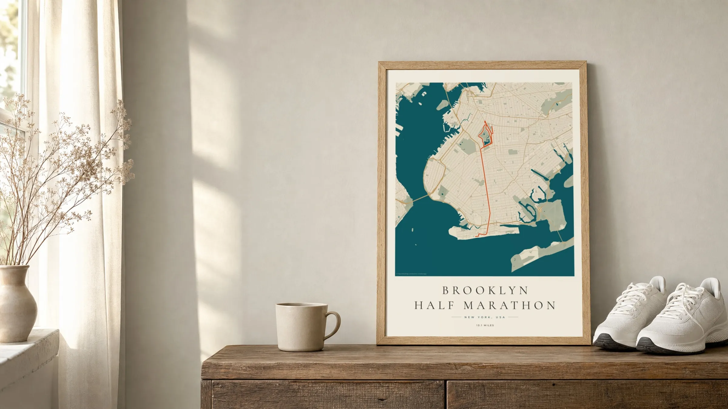 Brooklyn Half Marathon 2025 Coastal Atlas route print in an oak frame on a sideboard beside running shoes