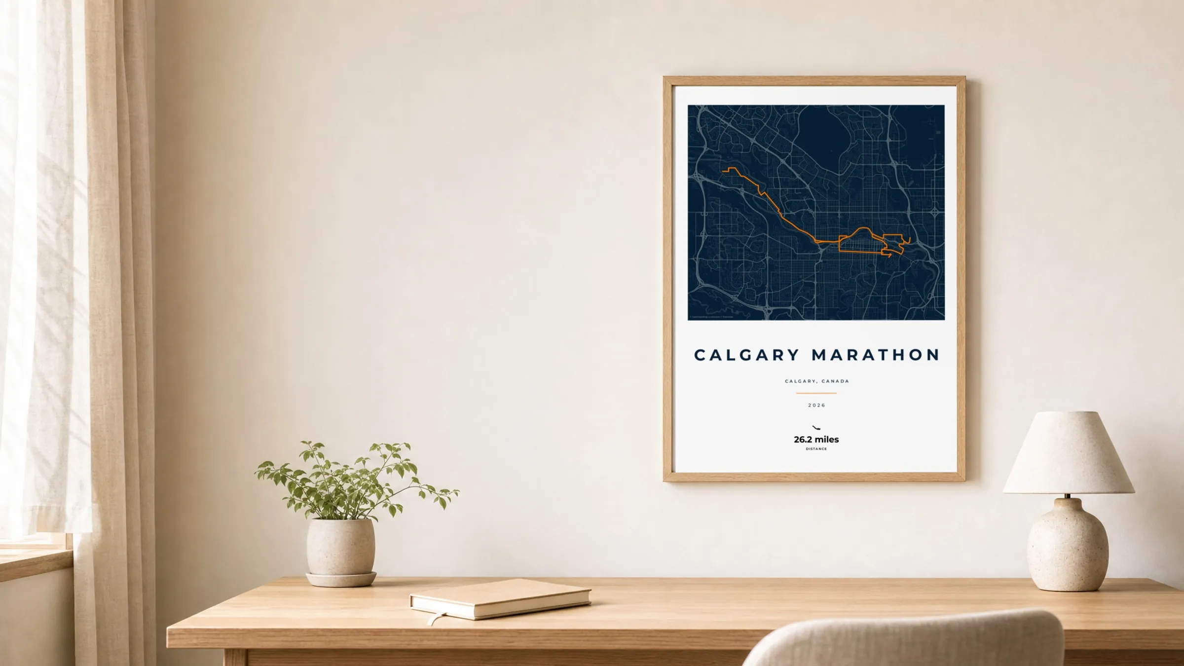 Calgary Marathon 2026 Race Blueprint route print in an oak frame above a study desk