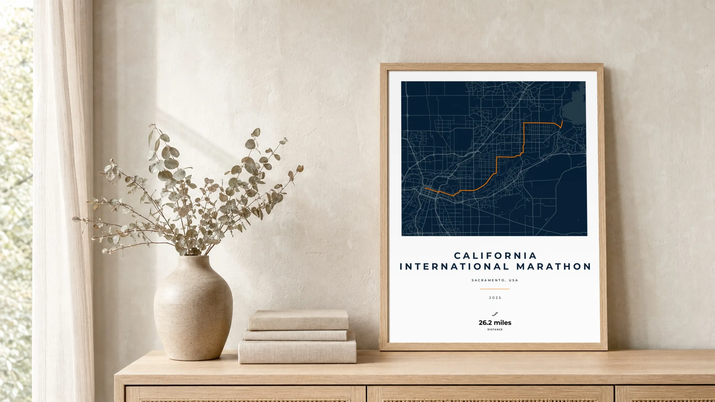 California International Marathon 2025 Race Blueprint route print in a light oak frame on a rattan console