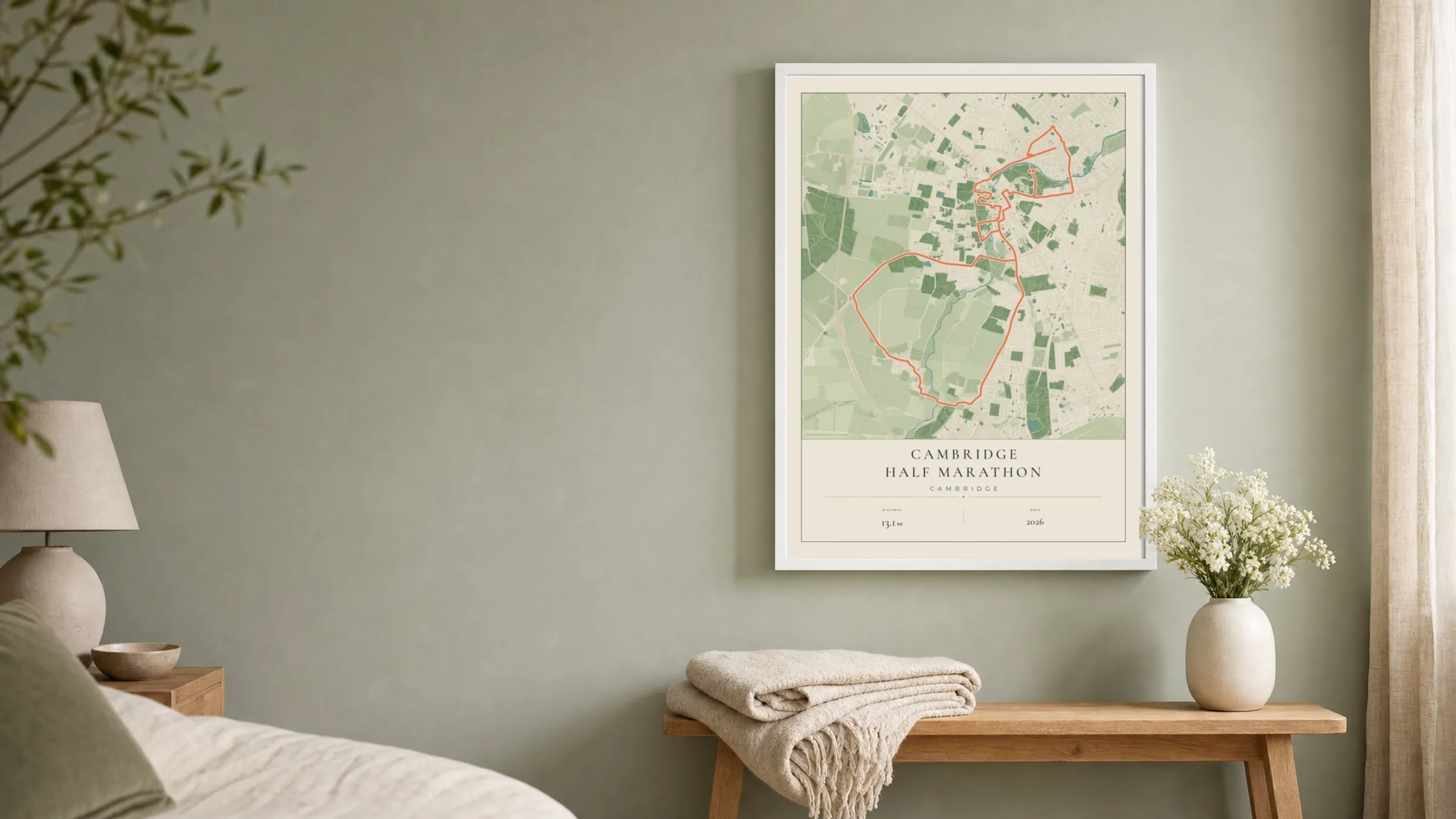 Cambridge Half Marathon 2026 Parkland route print in a white frame on a sage bedroom wall