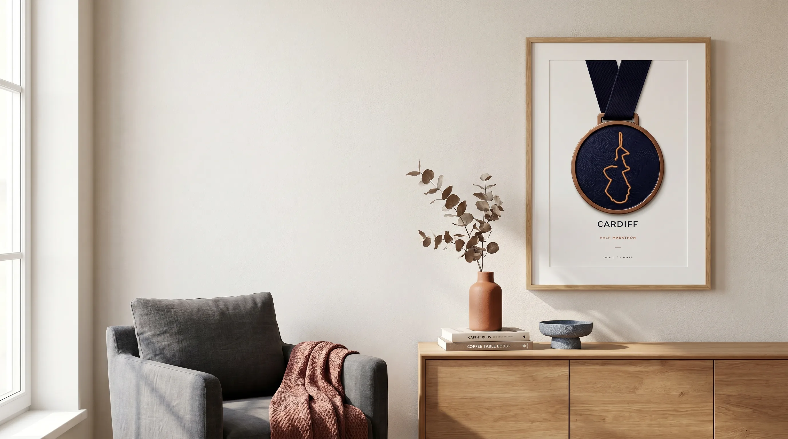 Framed Cardiff Half Marathon route poster in a warm Route Into Art wall art scene