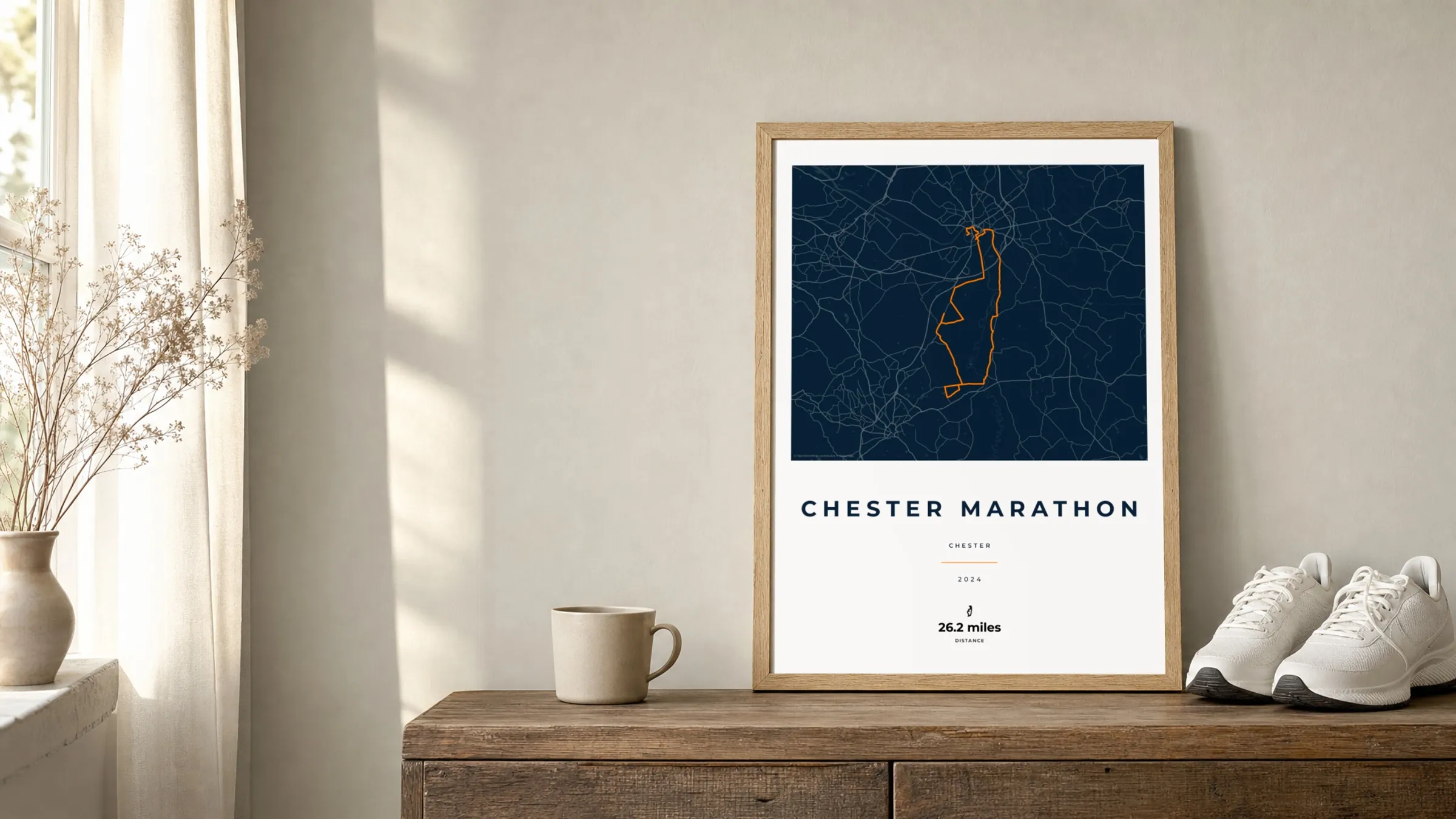 Chester Marathon 2024 Race Blueprint route print in an oak frame on a sideboard beside running shoes