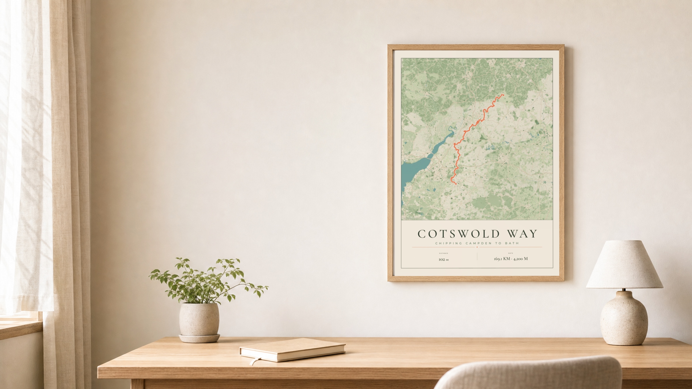 Cotswold Way Parkland route print in an oak frame above a study desk