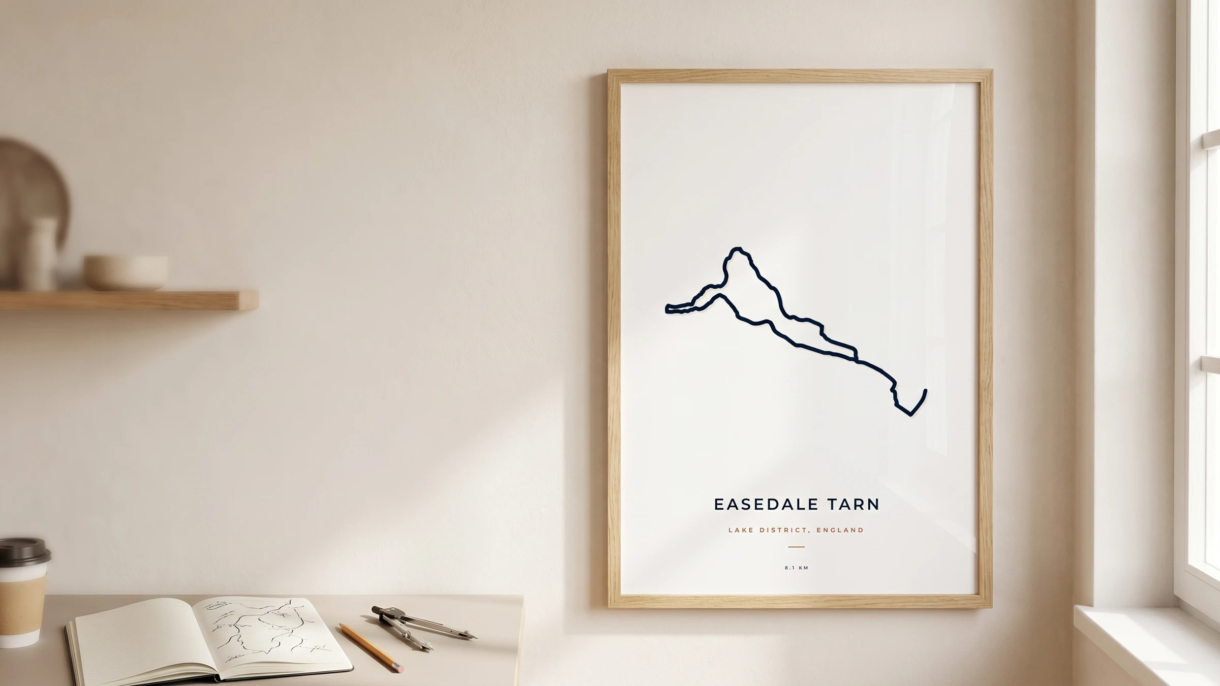 Framed Easedale Tarn custom map poster in a warm Route Into Art wall art scene