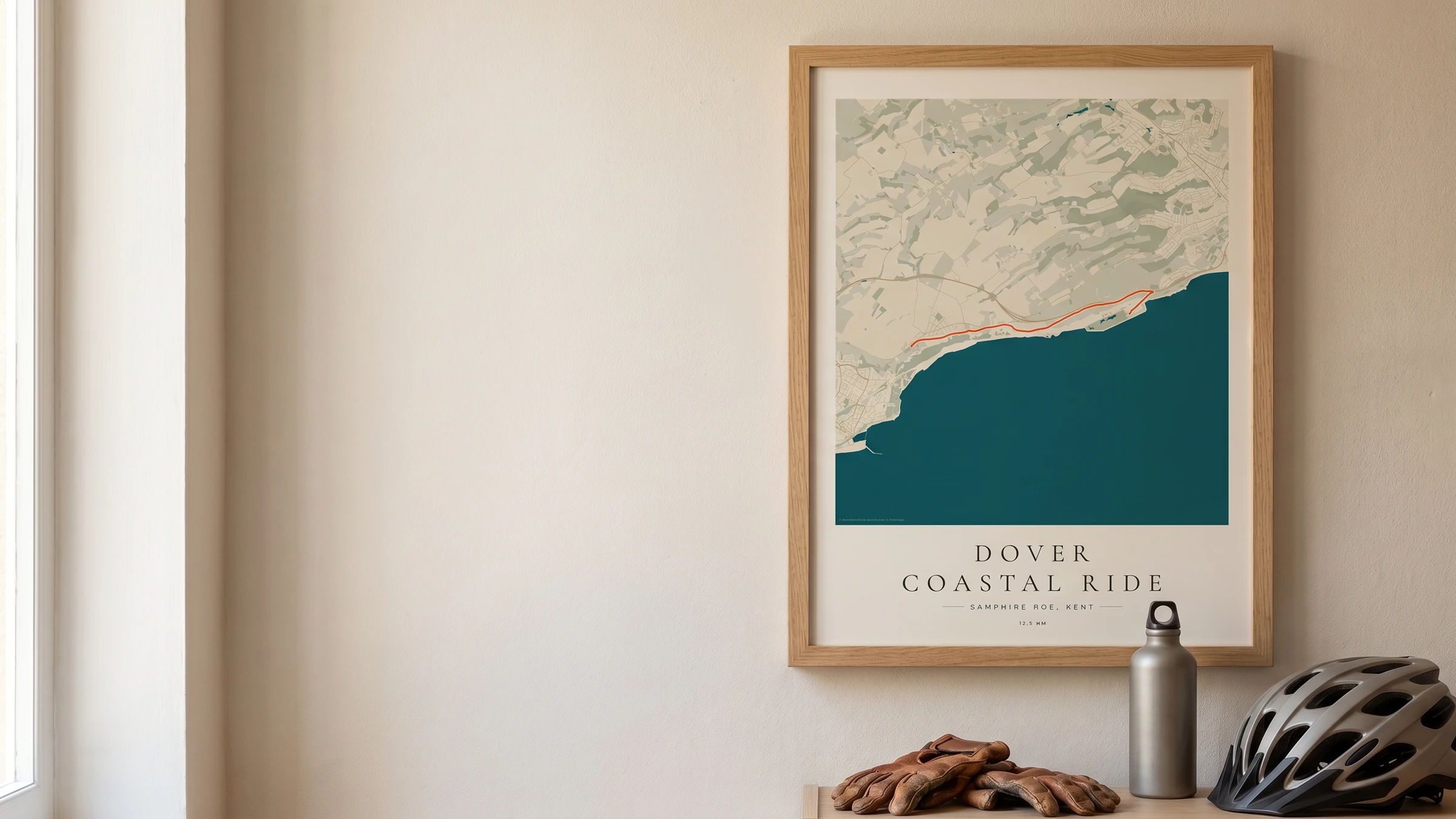 Framed Dover Coastal Ride cycling route poster in a warm Route Into Art wall art scene