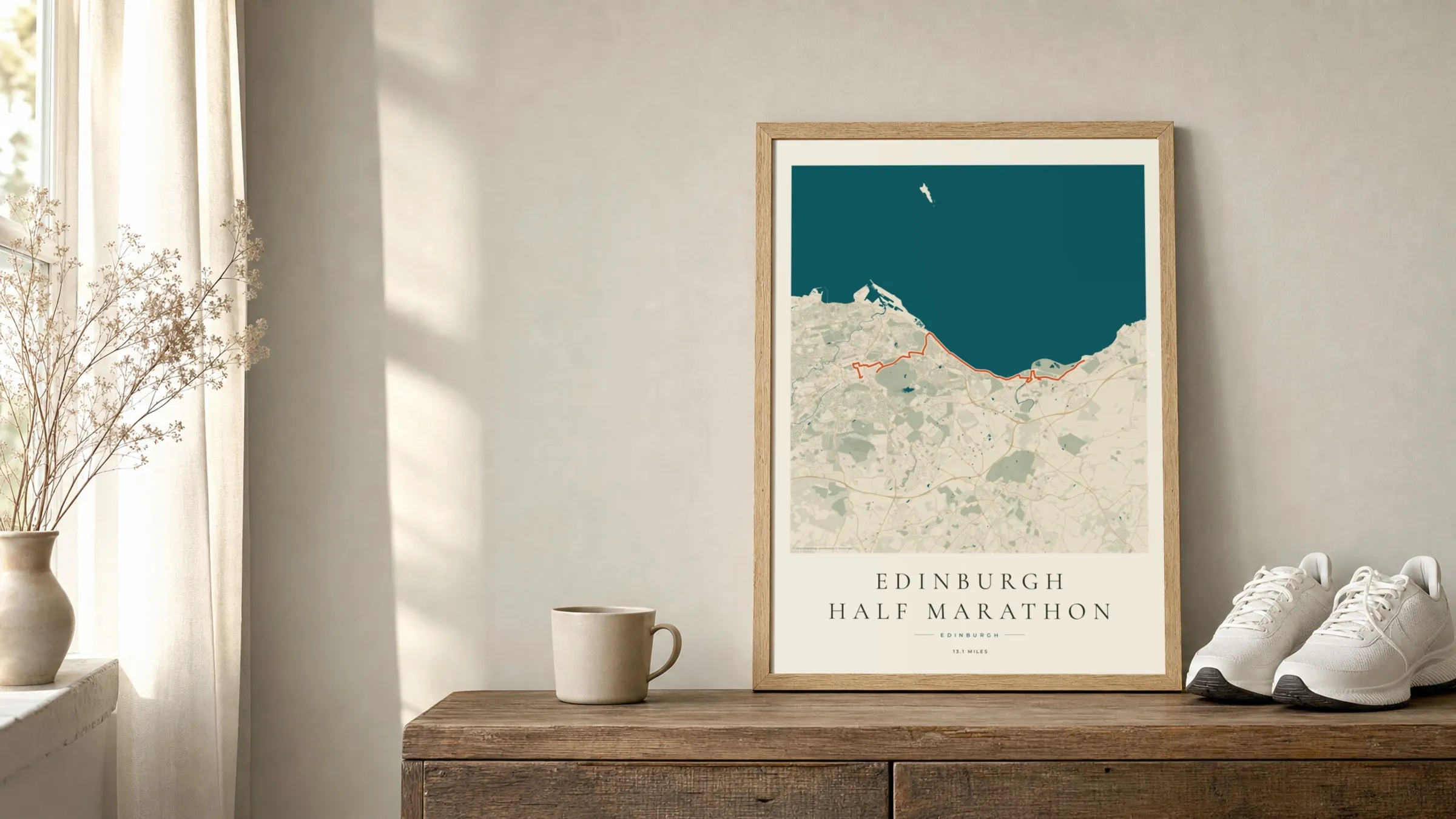 Edinburgh Half Marathon 2025 Coastal Atlas route print in an oak frame on a sideboard beside running shoes