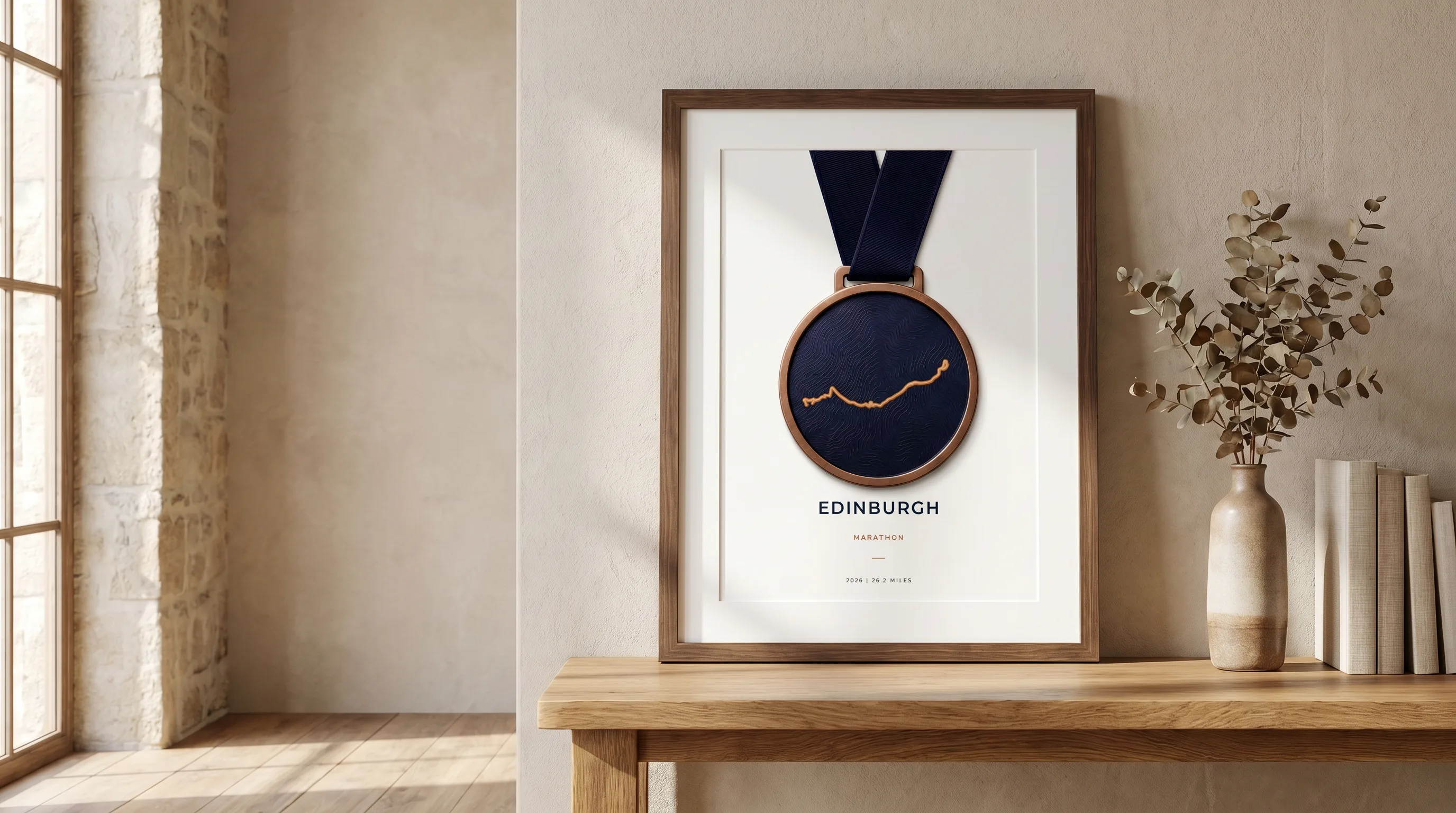 Framed Edinburgh Marathon route poster in a warm Route Into Art wall art scene