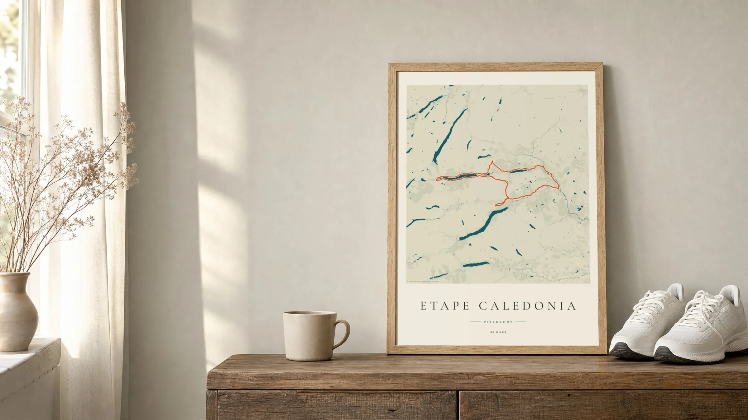 Etape Caledonia 2026 Coastal Atlas route print in an oak frame on a sideboard beside running shoes