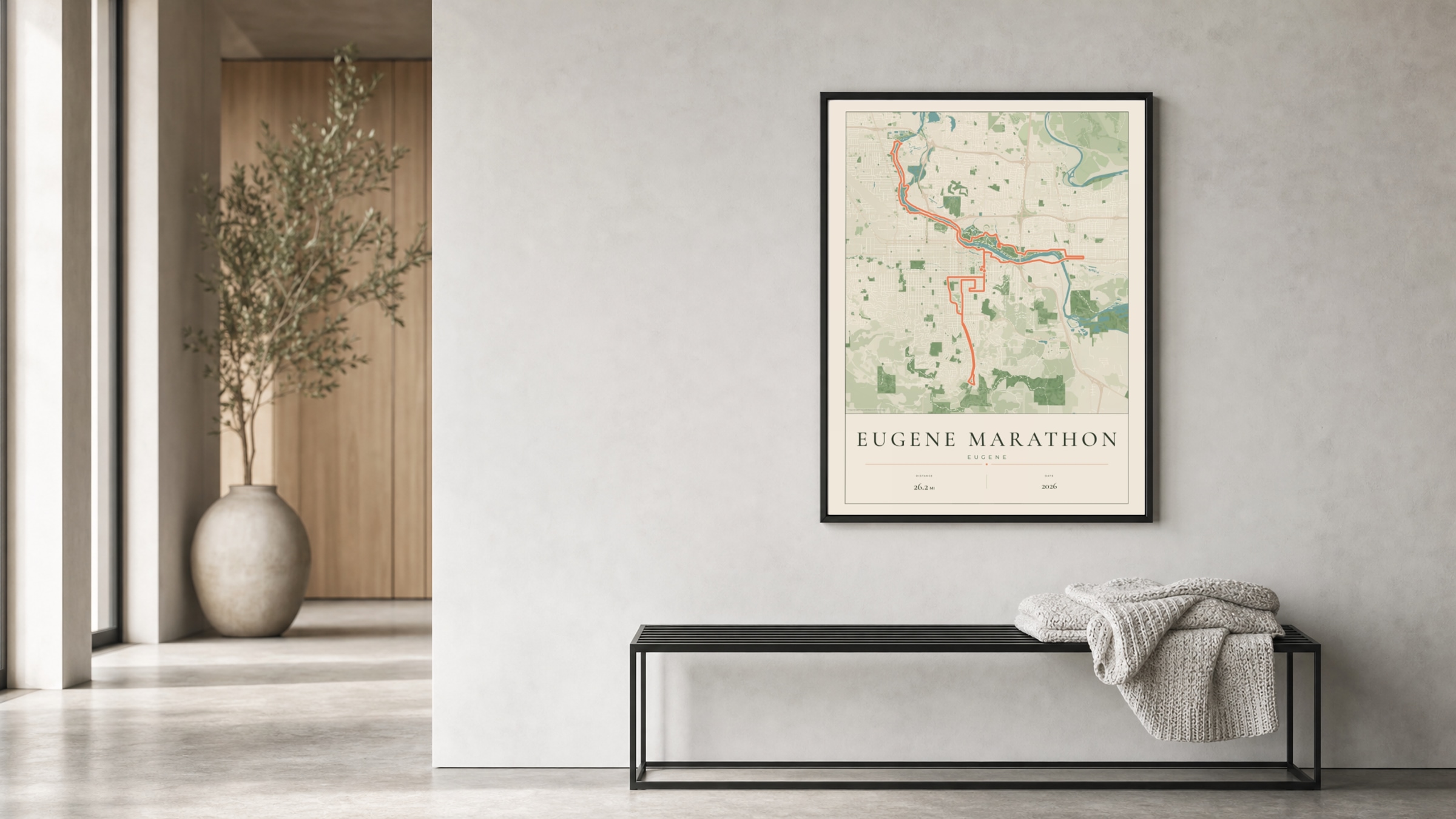 Eugene Marathon 2026 Parkland route print in a black frame in a bright hallway