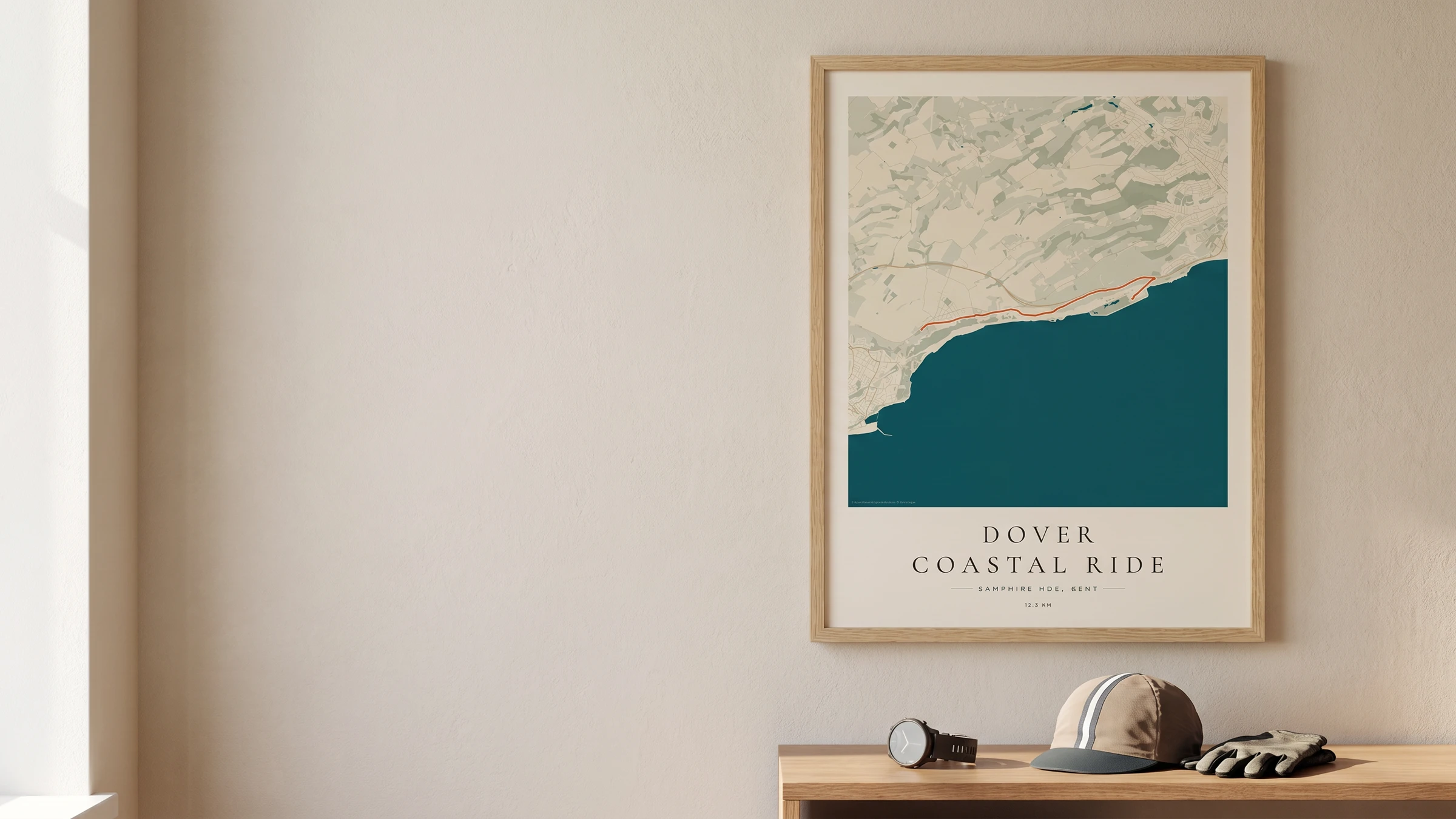 Framed Dover Coastal Ride GPS route poster in a warm Route Into Art wall art scene