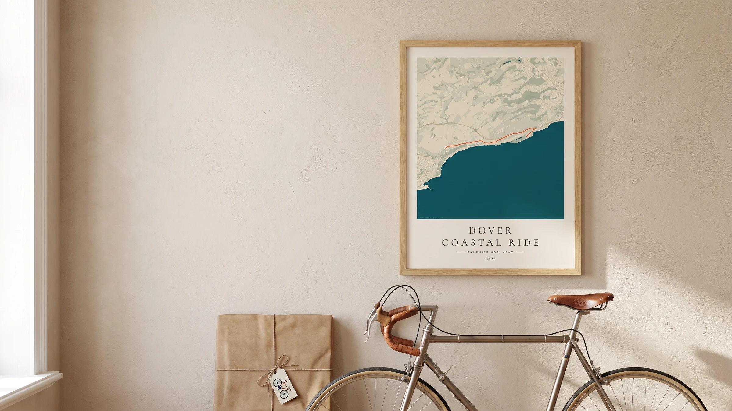 Framed Dover Coastal Ride route poster gift in a warm Route Into Art wall art scene