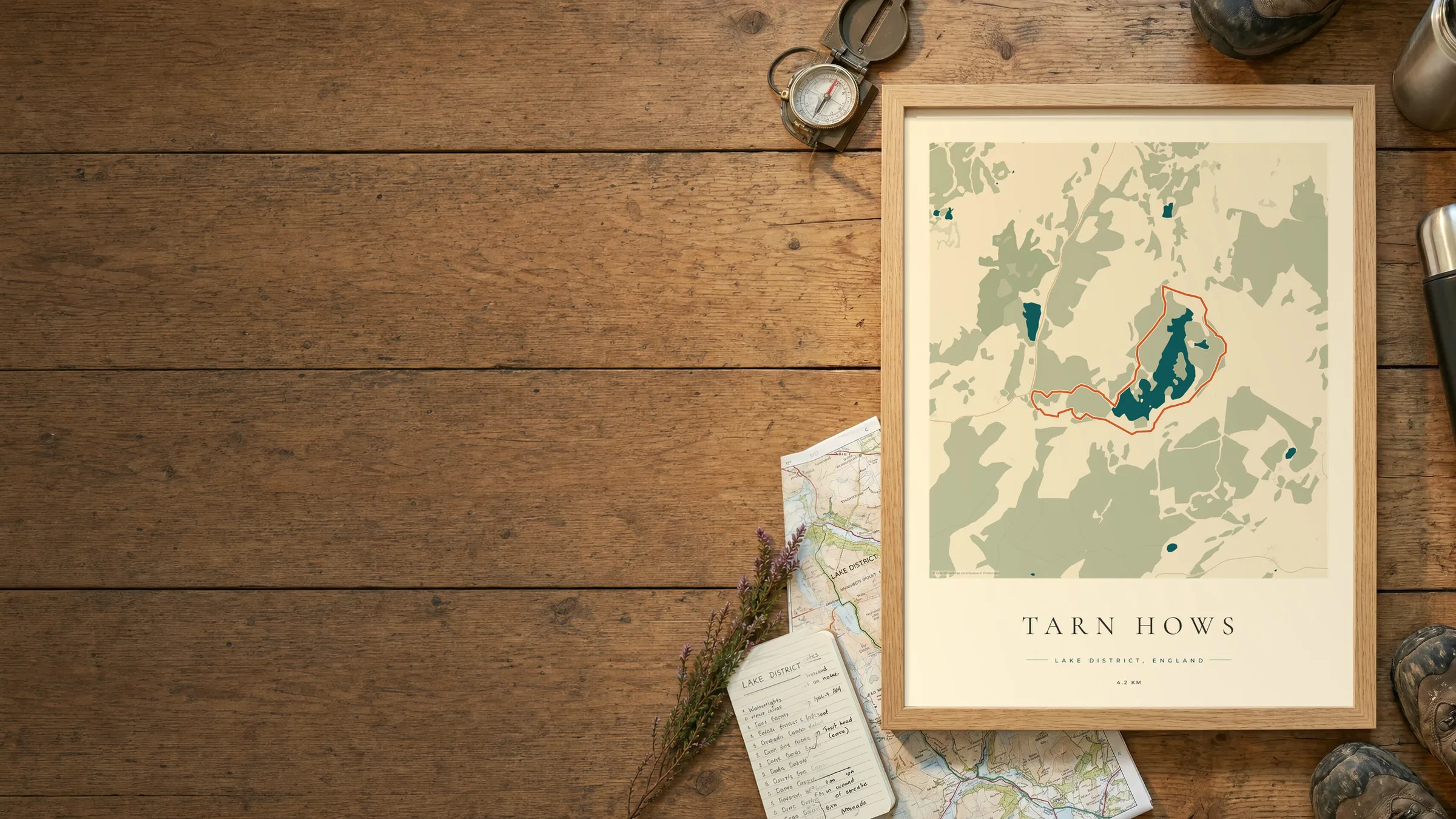 Framed Tarn Hows hiking route print on a wooden table with a compass, walking boots and an OS map