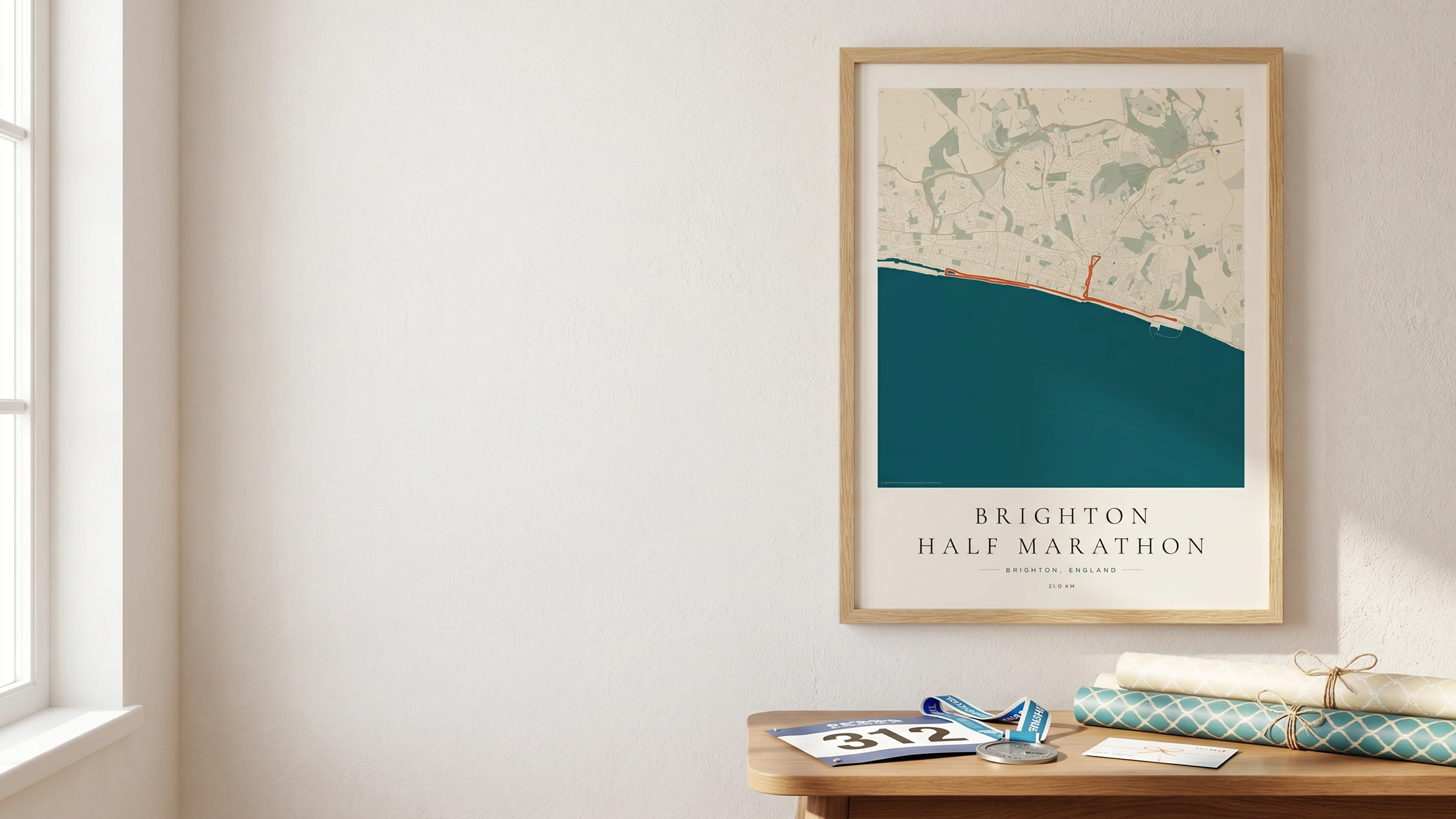 Framed Brighton Half Marathon route poster gift in a warm Route Into Art wall art scene