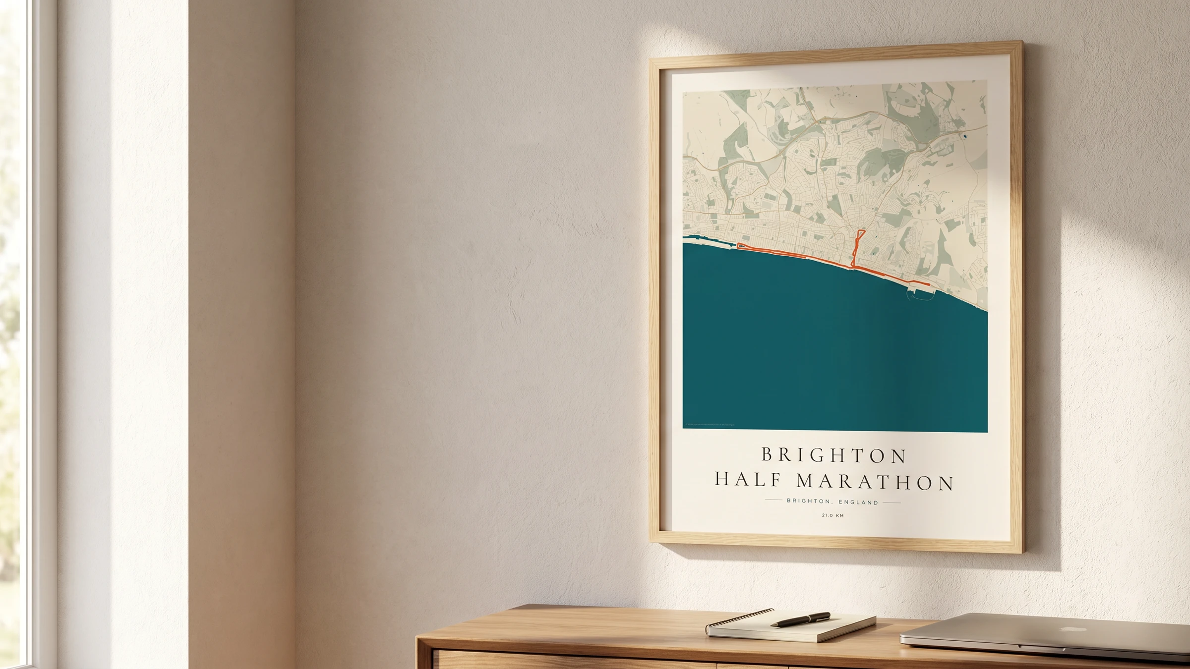 Framed Brighton Half Marathon GPX route poster in a warm Route Into Art wall art scene