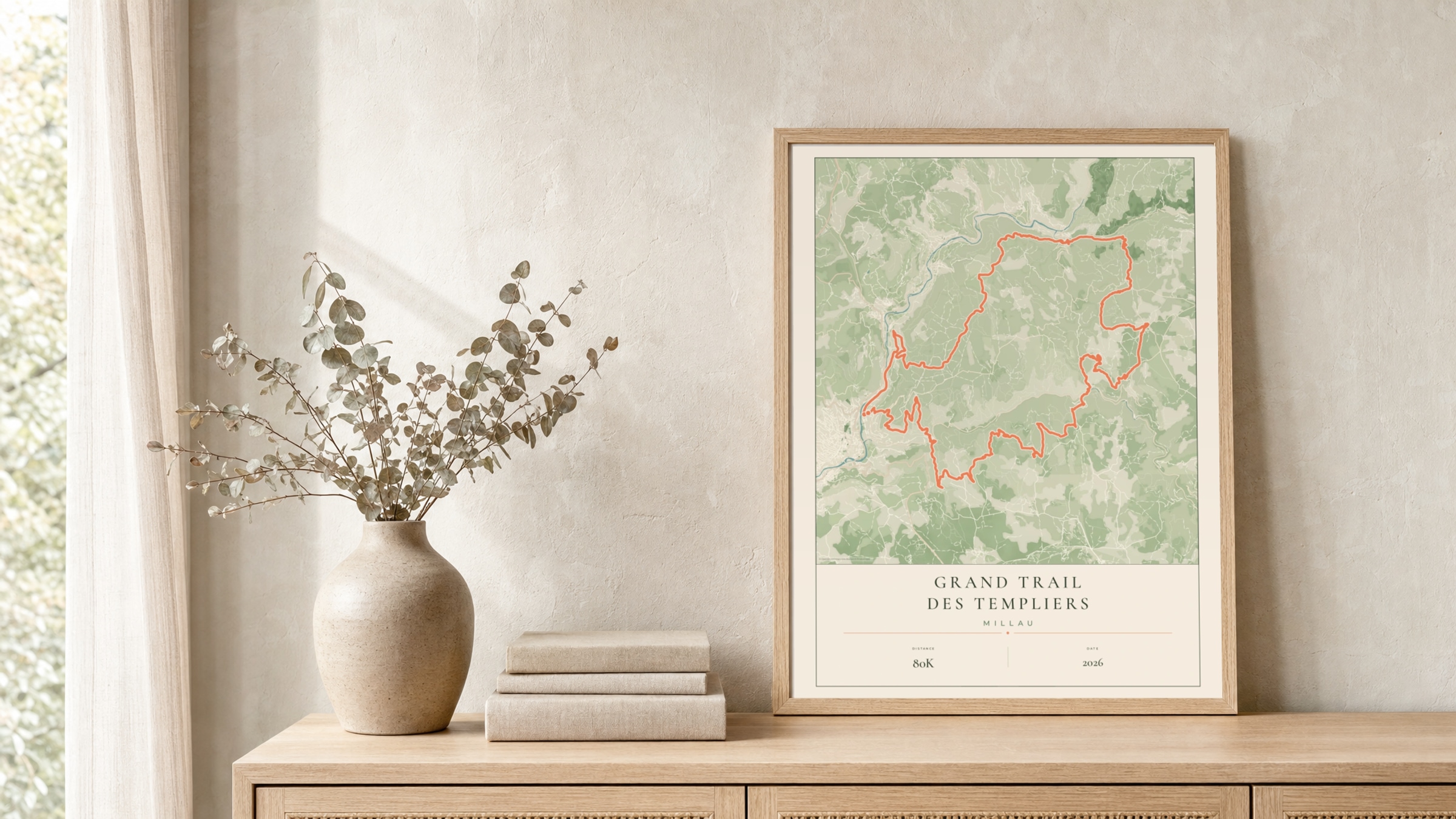 Grand Trail des Templiers 2026 Parkland route print in a light oak frame on a rattan console