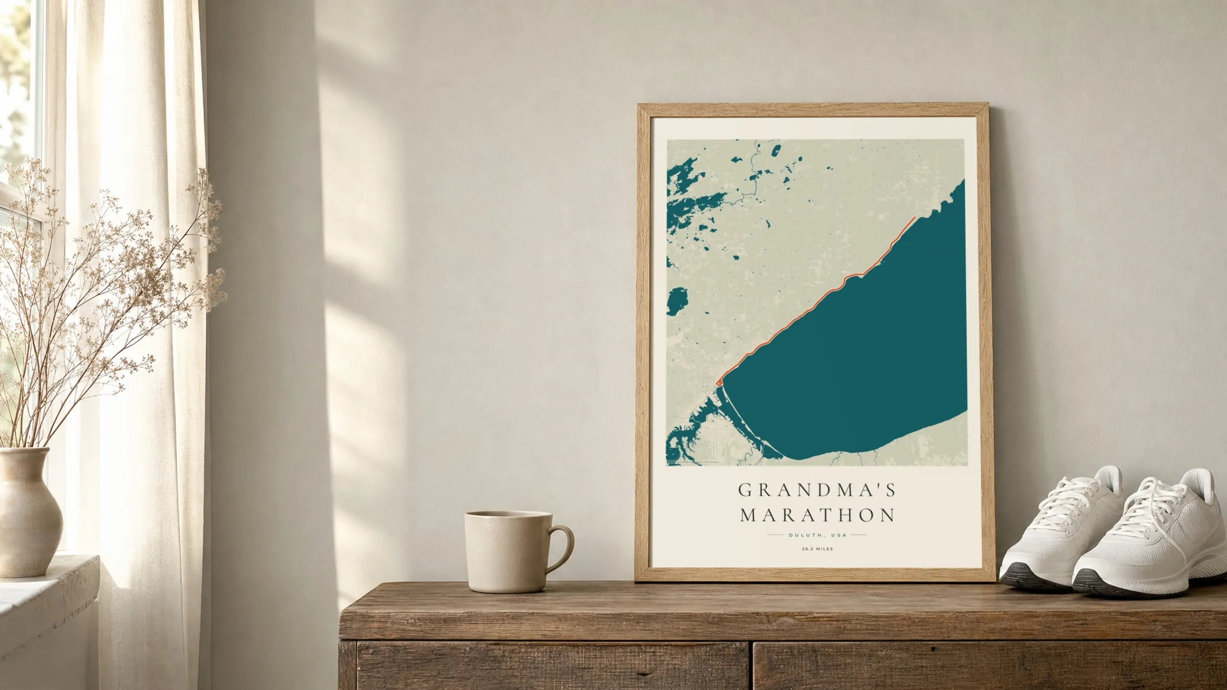 Grandma's Marathon 2025 Coastal Atlas route print in an oak frame on a sideboard beside running shoes