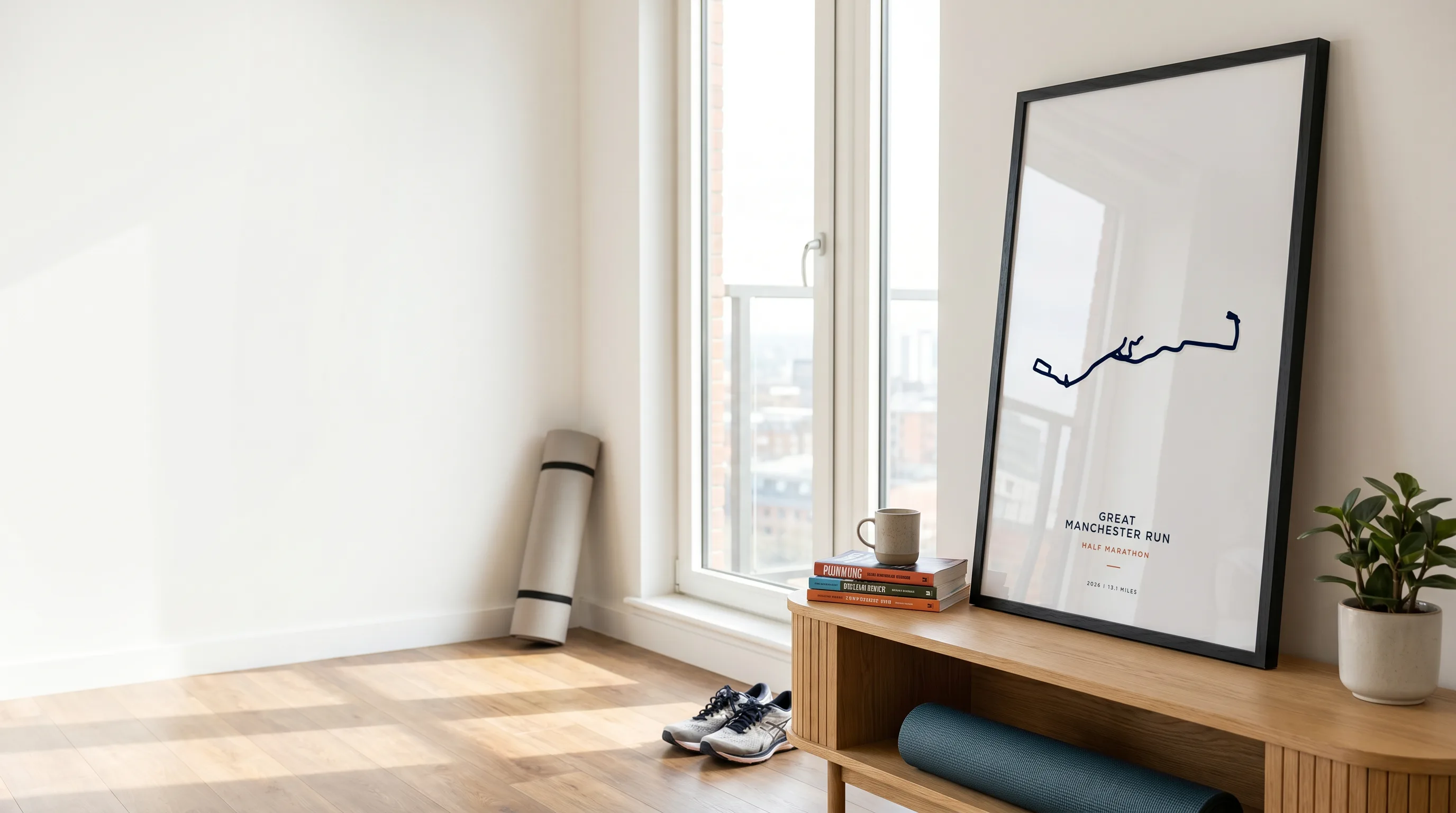 Framed Great Manchester Run Half Marathon route poster in a warm Route Into Art wall art scene