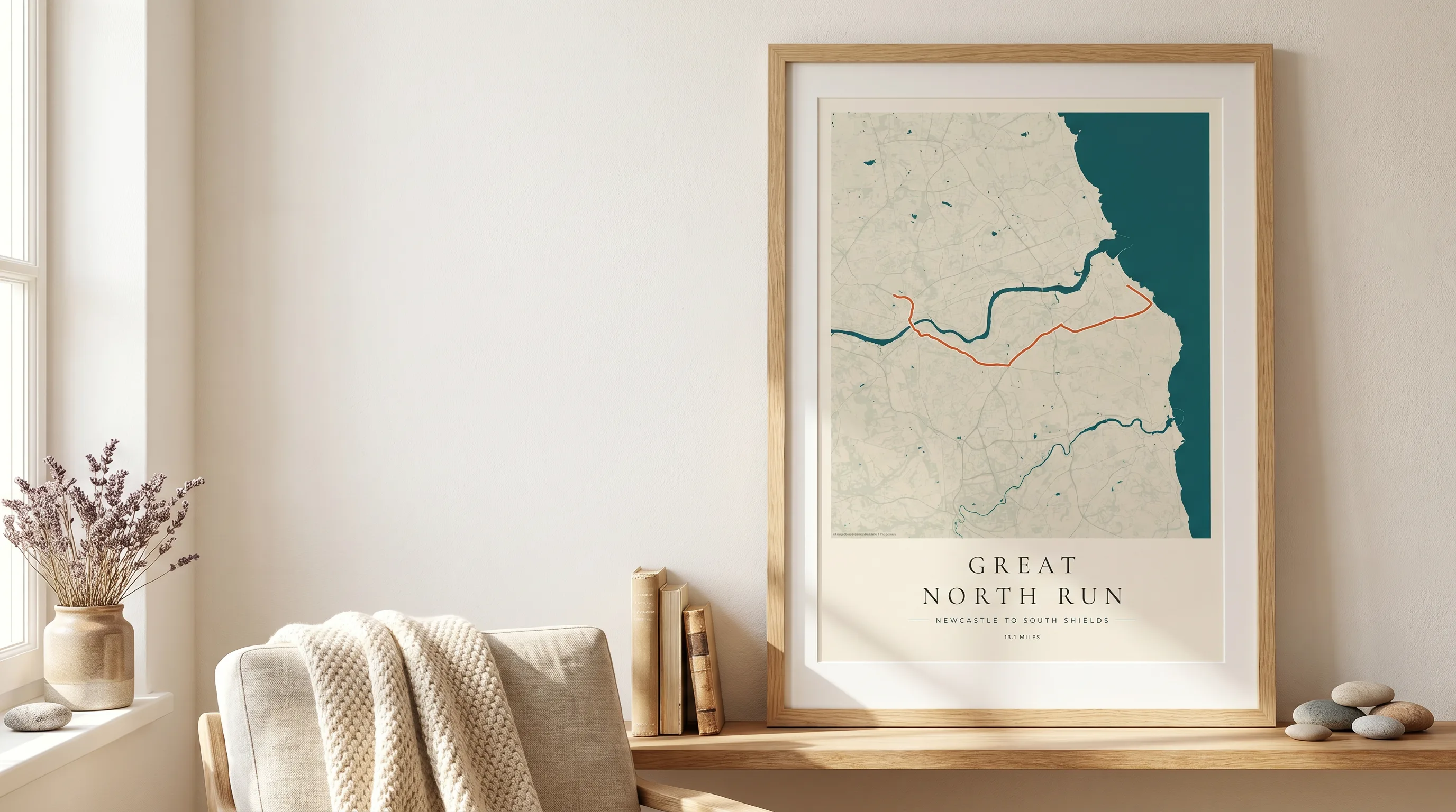 Framed Great North Run route poster in a warm Route Into Art wall art scene