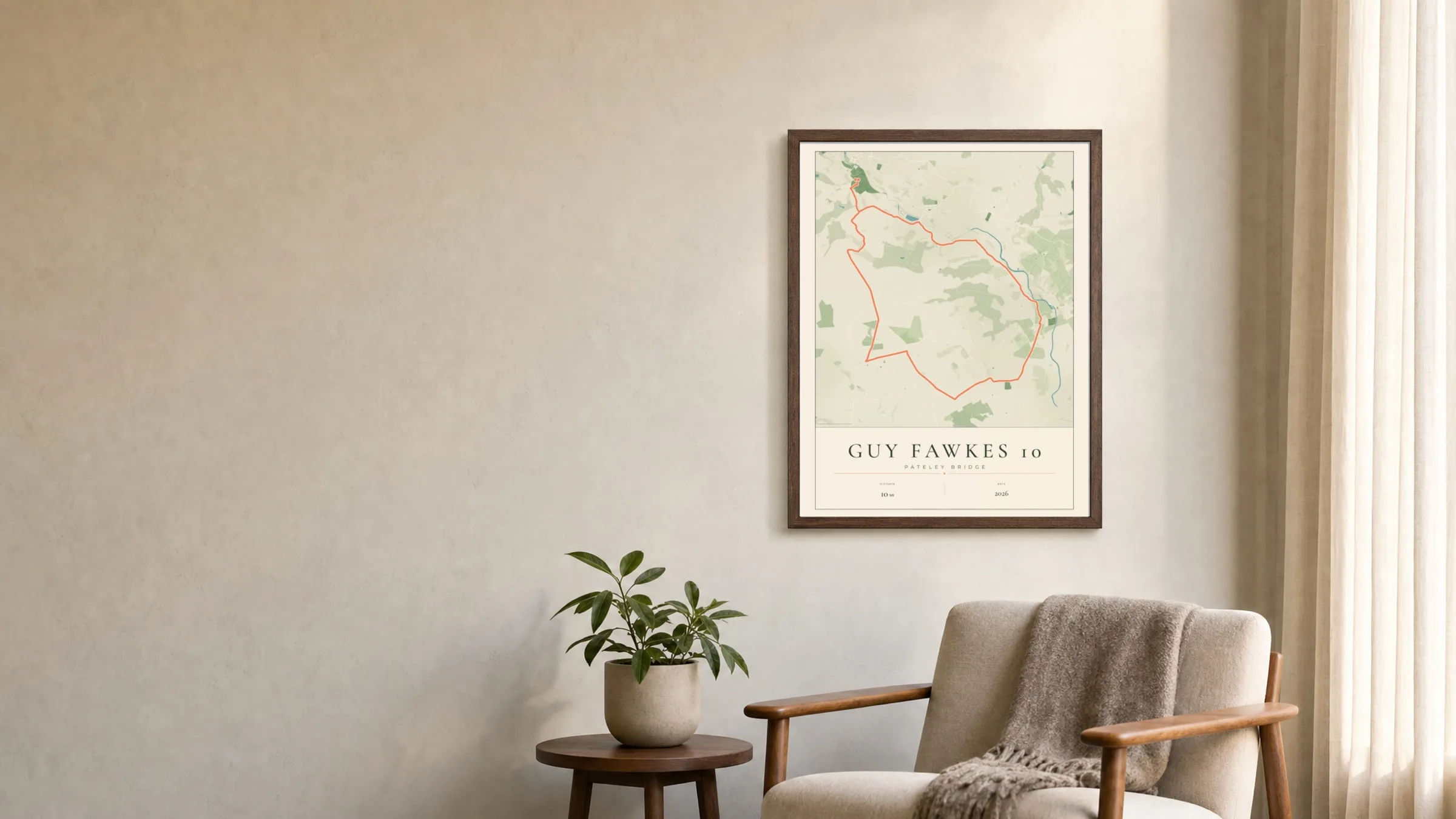Guy Fawkes 10 Parkland route print in a dark walnut frame on a living-room wall