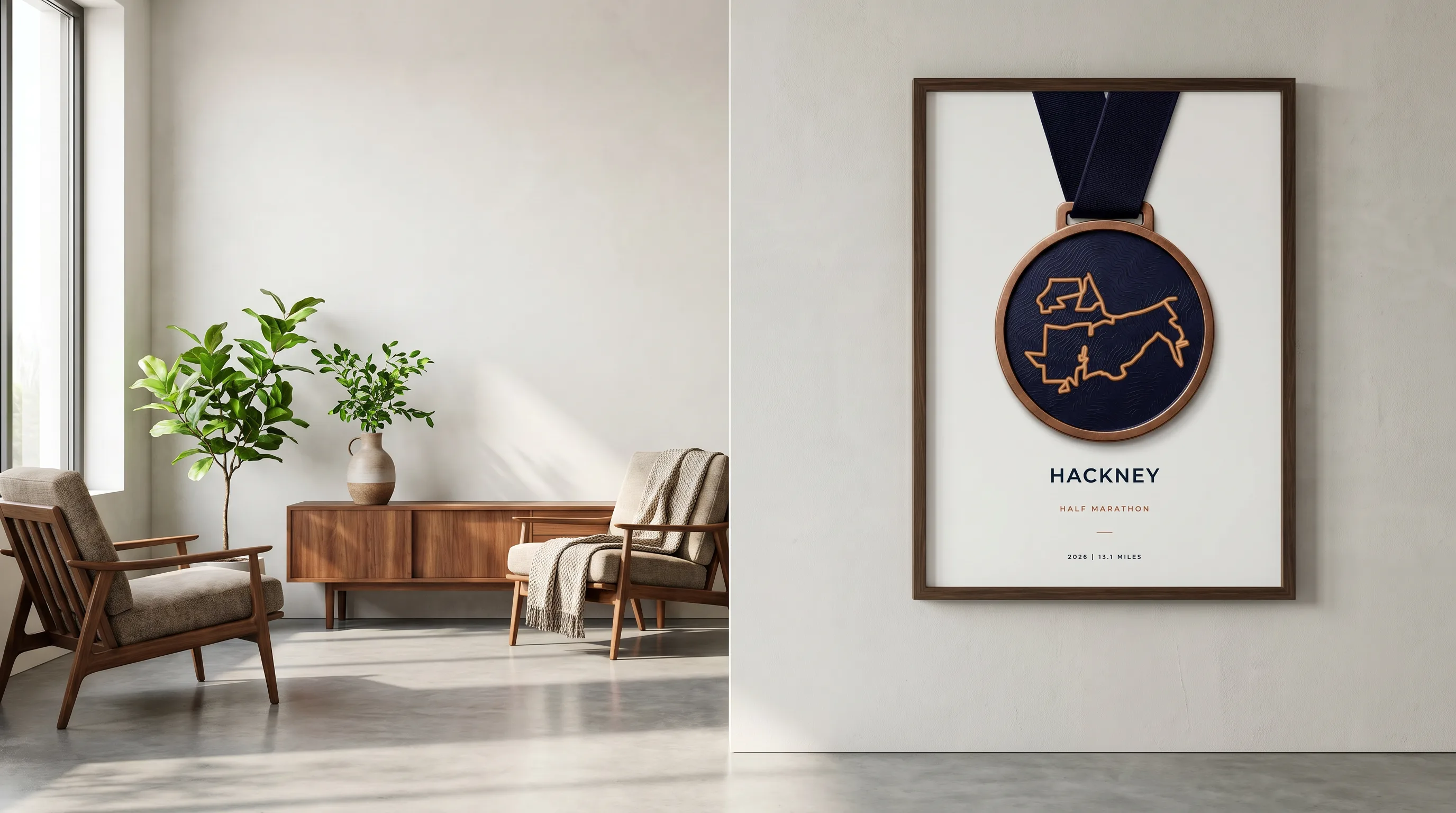Framed Hackney Half Marathon route poster in a warm Route Into Art wall art scene