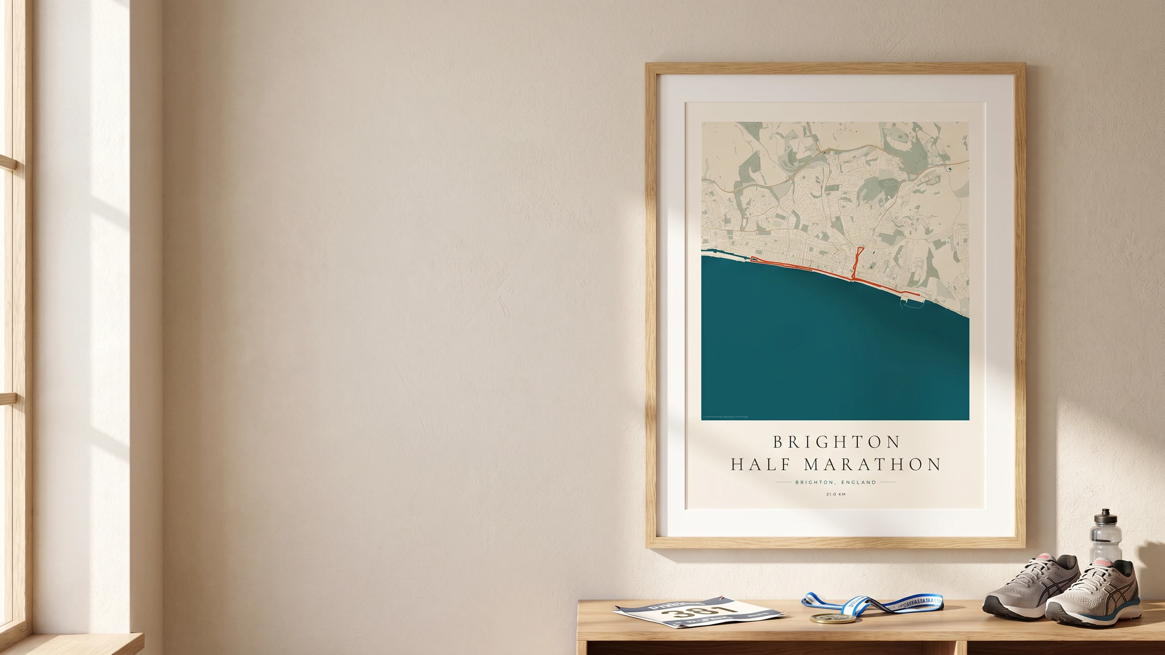 Framed Brighton Half Marathon route poster in a warm Route Into Art wall art scene