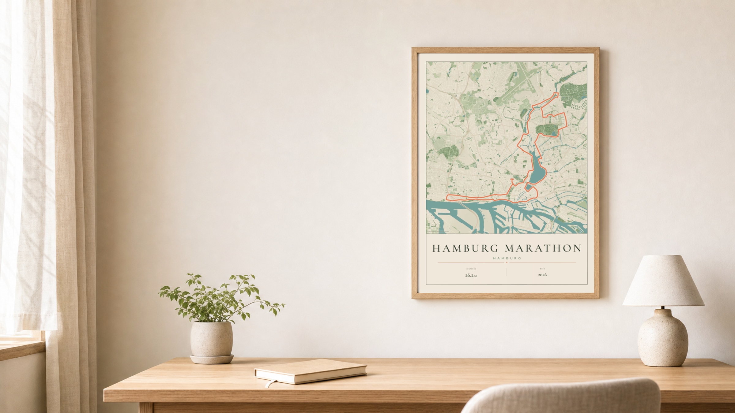 Hamburg Marathon 2026 Parkland route print in an oak frame above a study desk