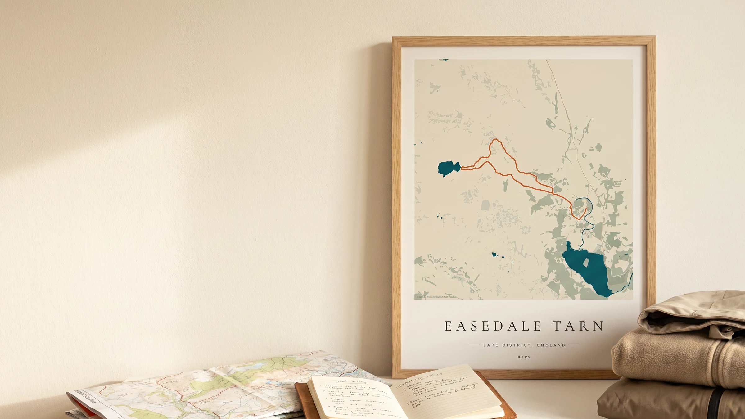 Framed Easedale Tarn hiking route poster in a warm Route Into Art wall art scene