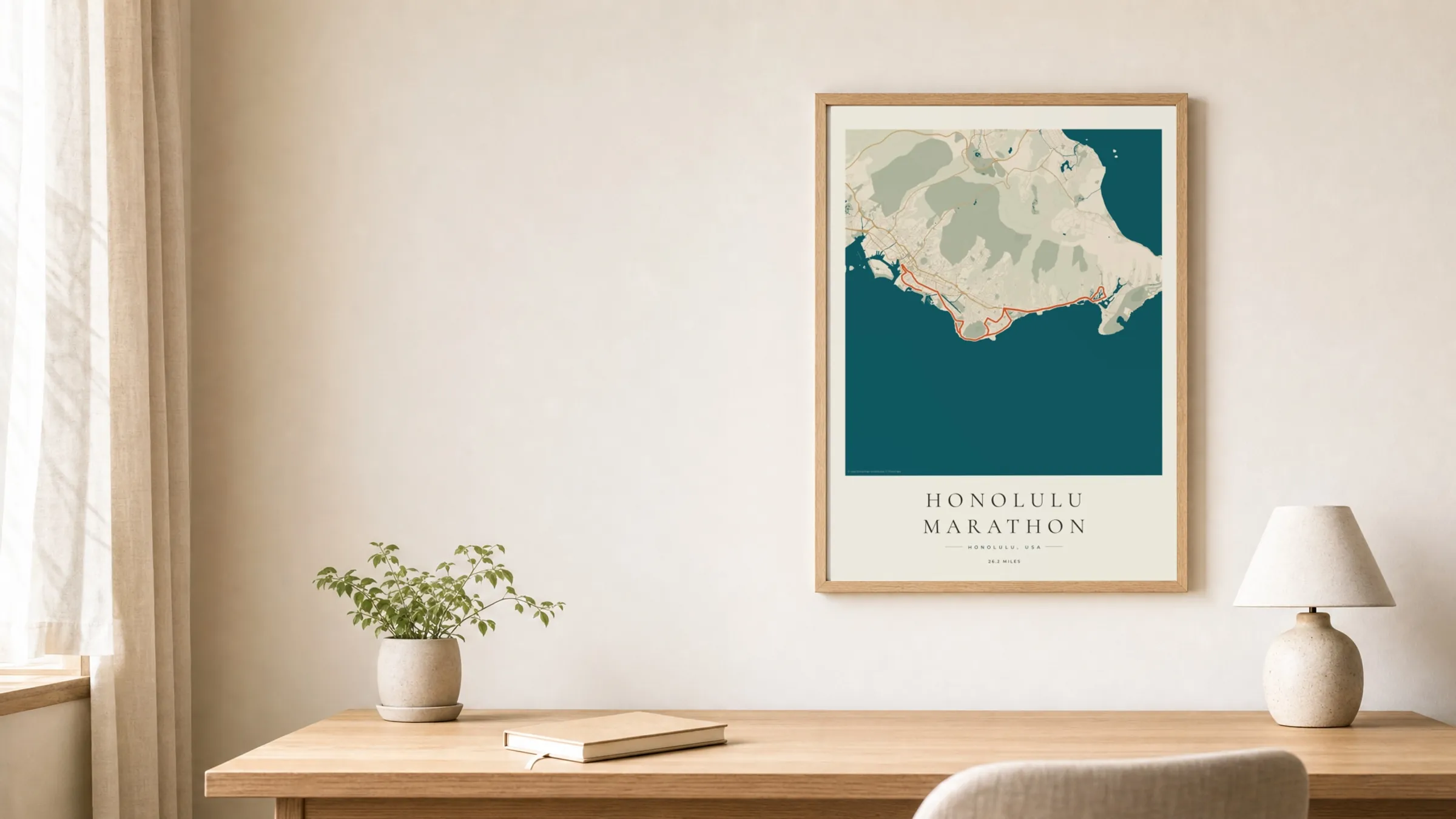 Honolulu Marathon 2026 Coastal Atlas route print in an oak frame above a study desk