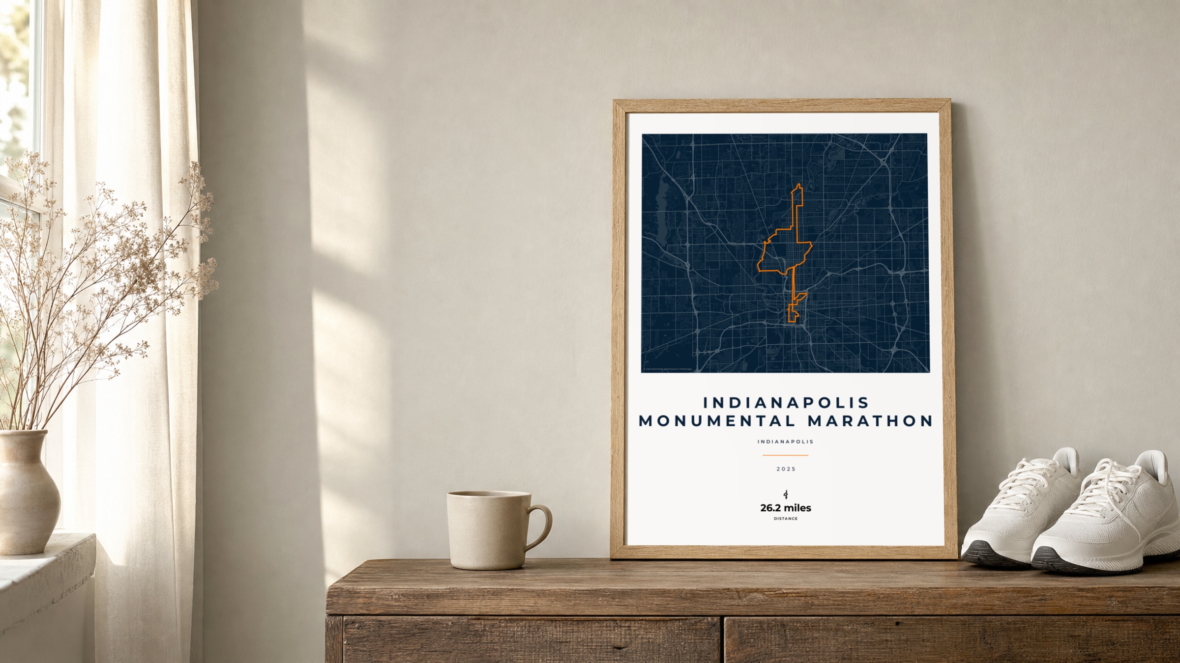 Indianapolis Monumental Marathon 2025 Race Blueprint route print in an oak frame on a sideboard beside running shoes
