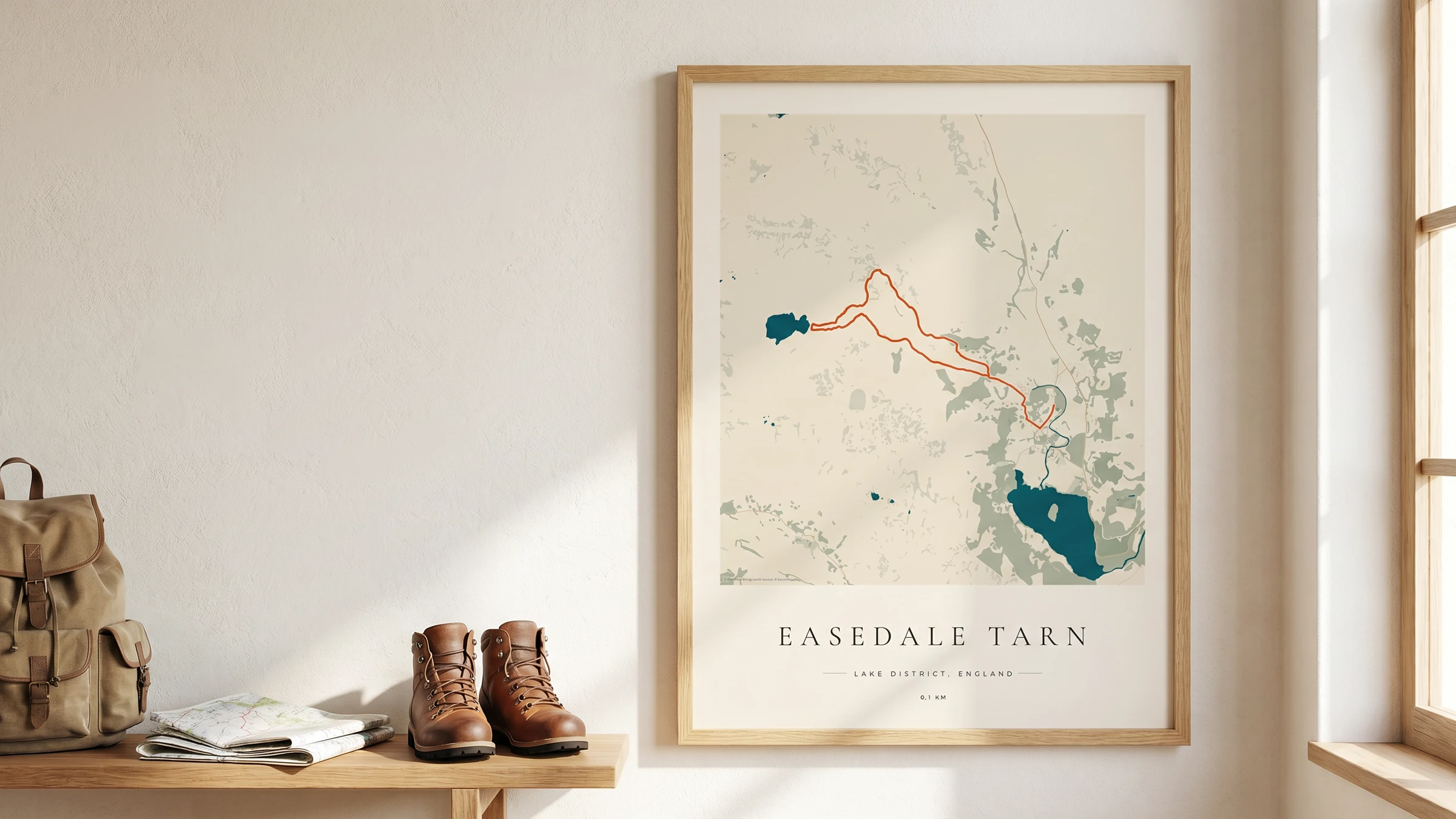 Framed Easedale Tarn outdoor route poster in a warm Route Into Art wall art scene