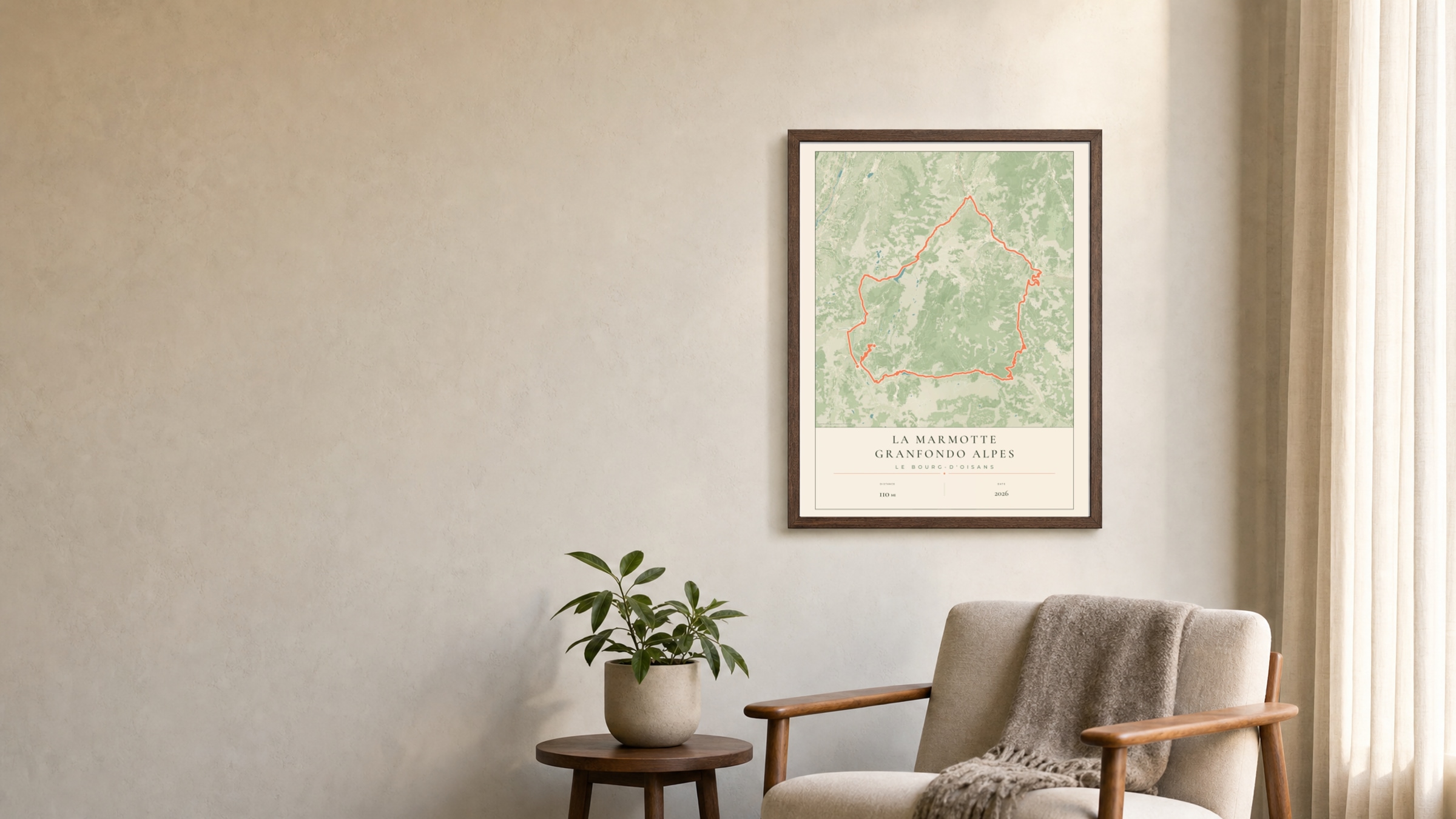 La Marmotte 2026 Parkland route print in a dark walnut frame on a living-room wall