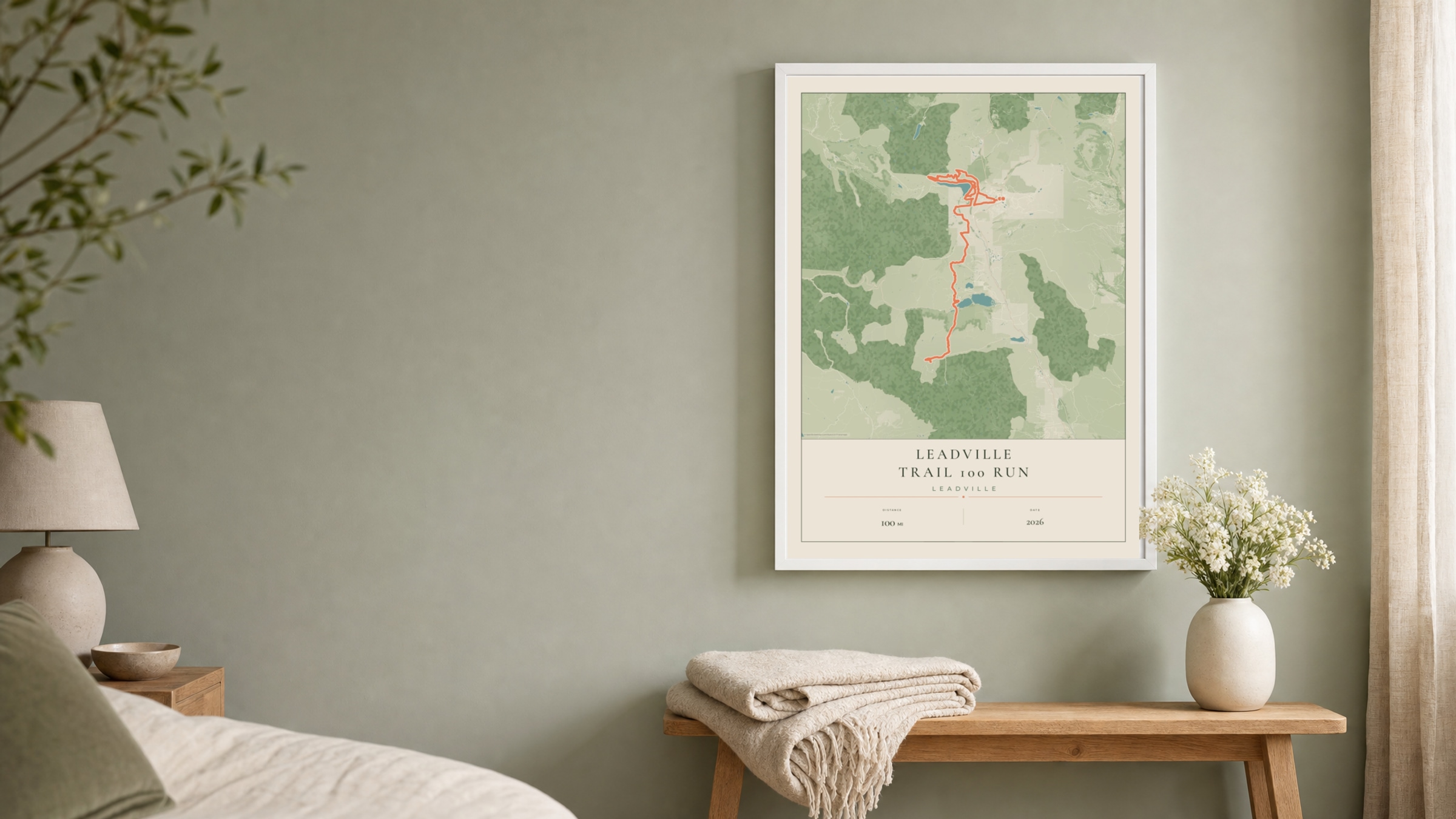 Leadville Trail 100 Run 2026 Parkland route print in a white frame on a sage bedroom wall
