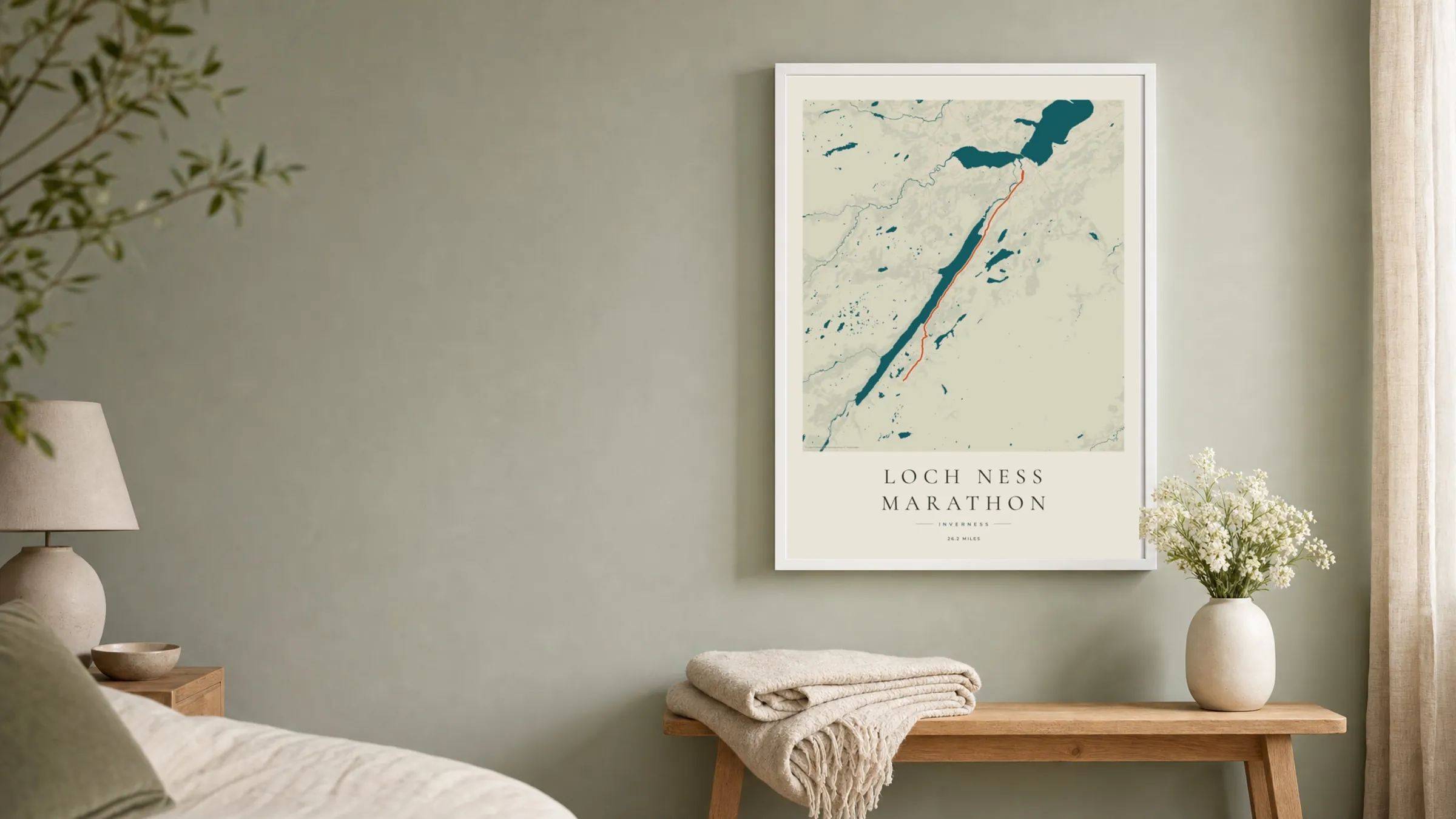 Loch Ness Marathon 2025 Coastal Atlas route print in a white frame on a sage bedroom wall