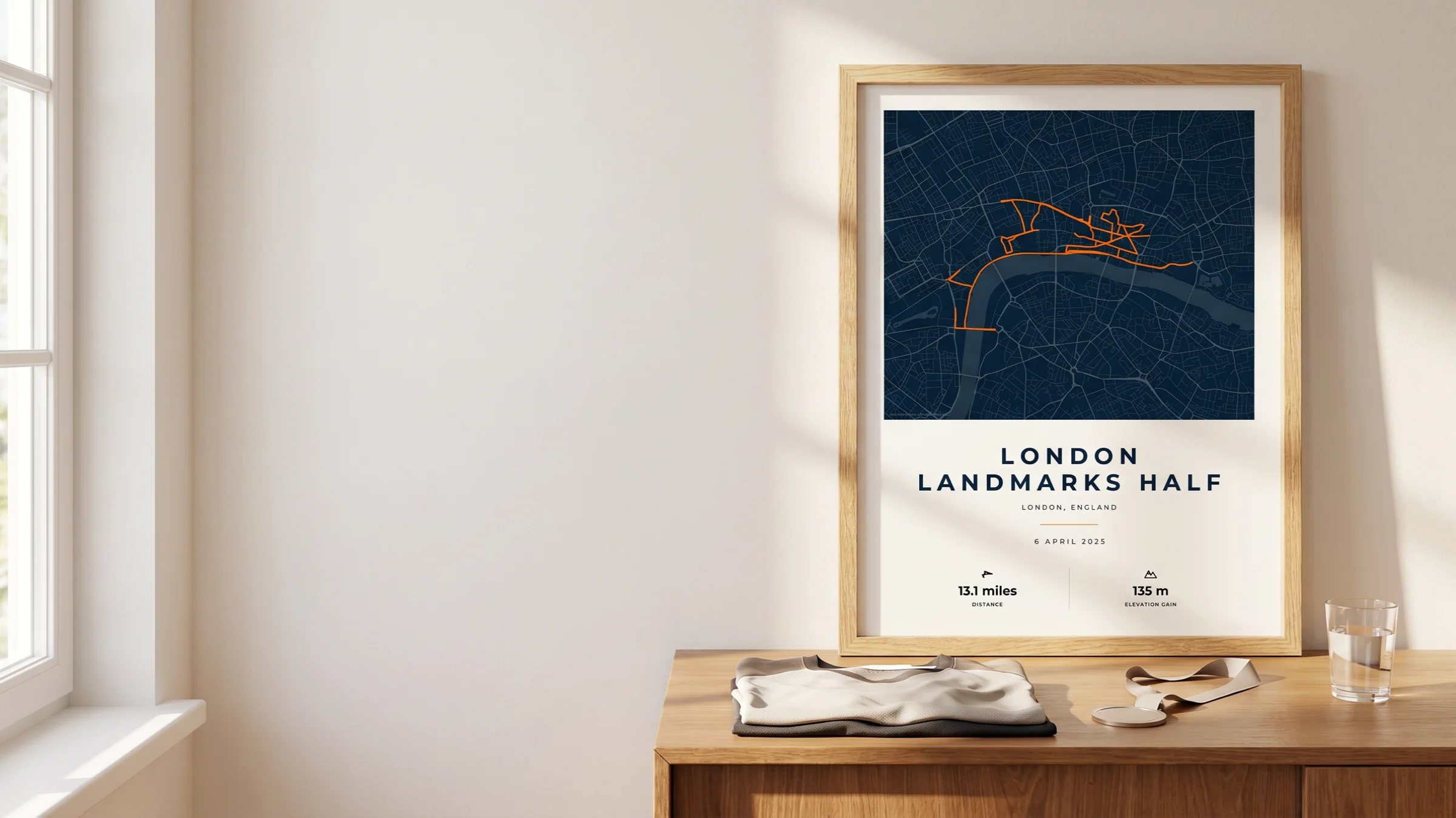 Framed London Landmarks Half Marathon route poster in a warm Route Into Art wall art scene