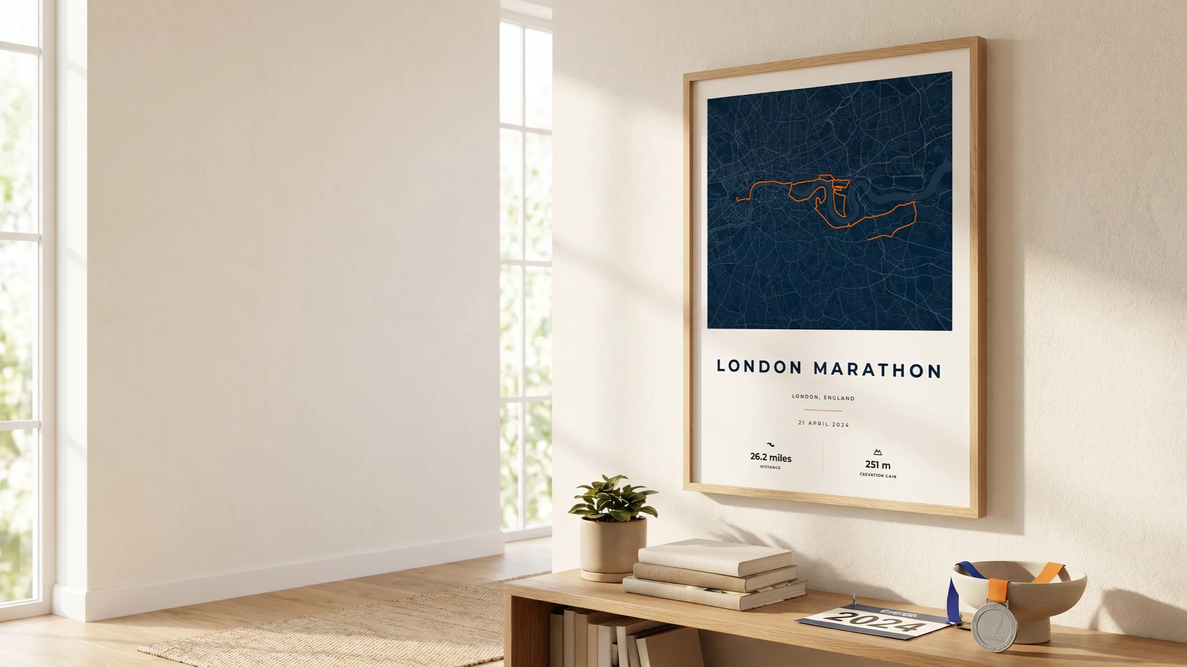 Framed London Marathon route poster in a warm Route Into Art wall art scene