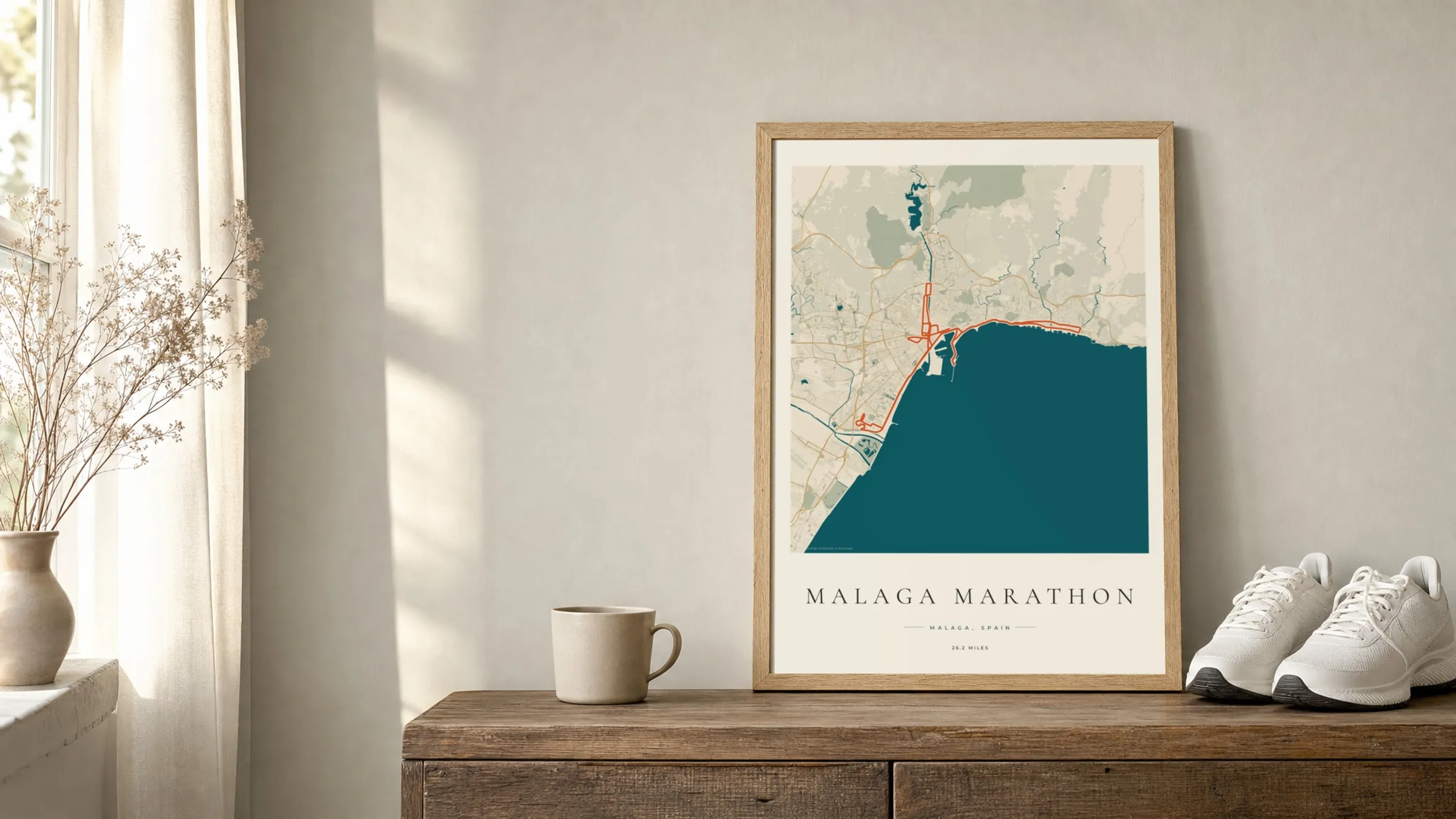 Malaga Marathon 2025 Coastal Atlas route print in an oak frame on a sideboard beside running shoes