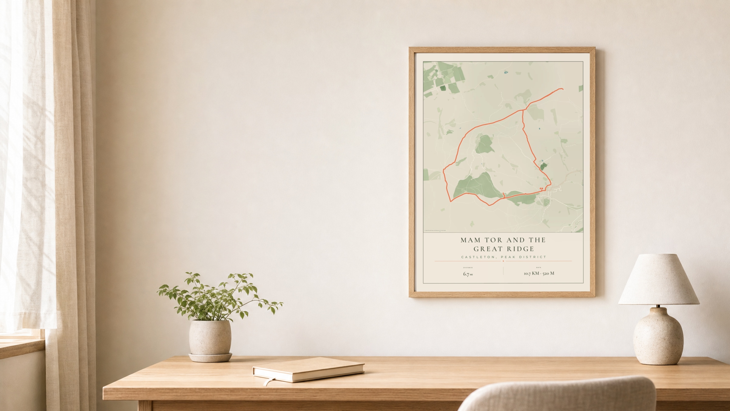 Mam Tor and the Great Ridge Parkland route print in an oak frame above a study desk