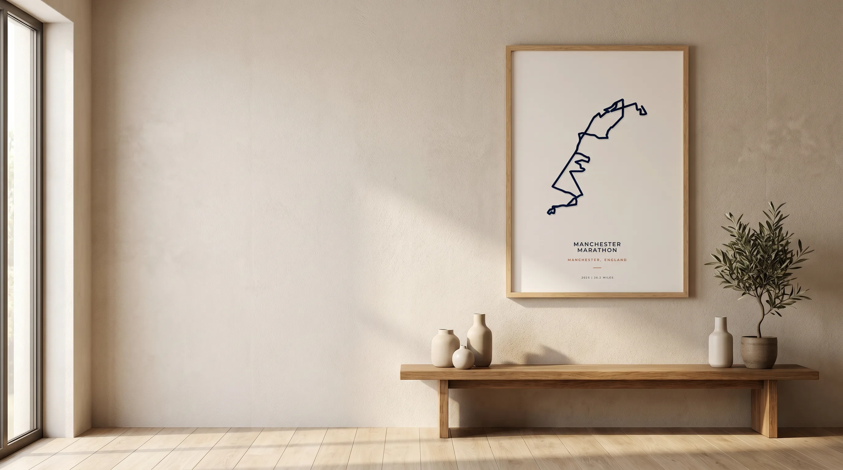 Framed Manchester Marathon route poster in a warm Route Into Art wall art scene