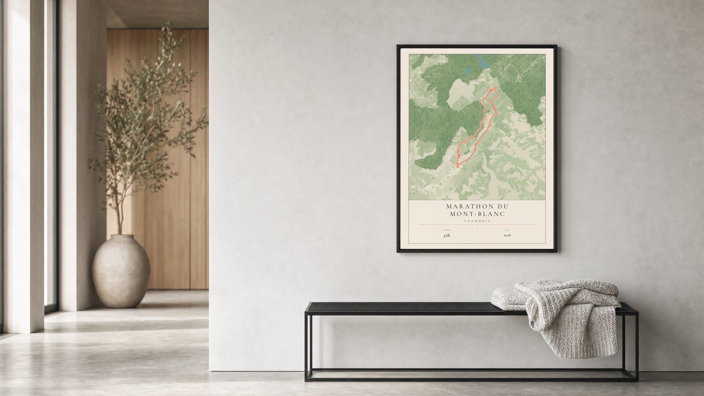 Marathon du Mont-Blanc 2026 Parkland route print in a black frame in a bright hallway