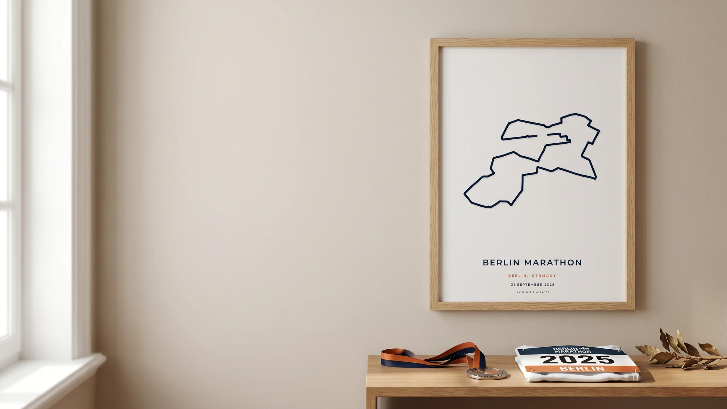 Framed Berlin Marathon route poster in a warm Route Into Art wall art scene