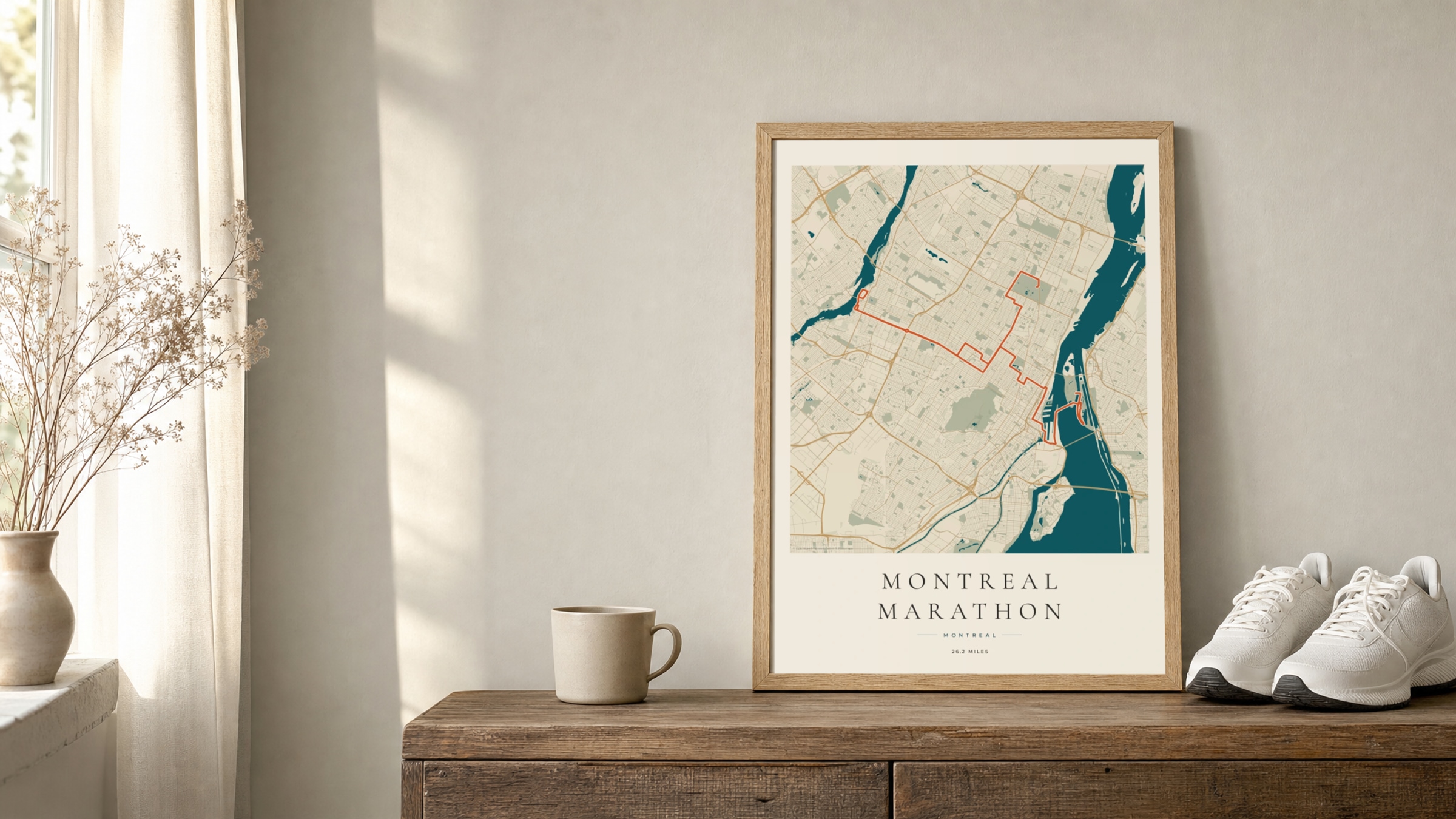 Montreal Marathon 2026 Coastal Atlas route print in an oak frame on a sideboard beside running shoes