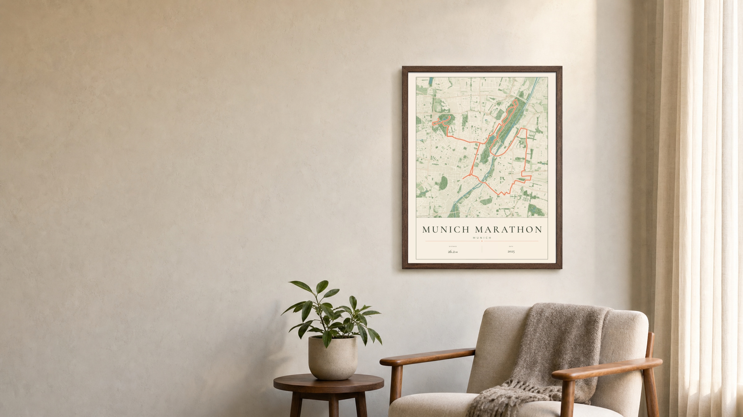 Munich Marathon 2025 Parkland route print in a dark walnut frame on a living-room wall