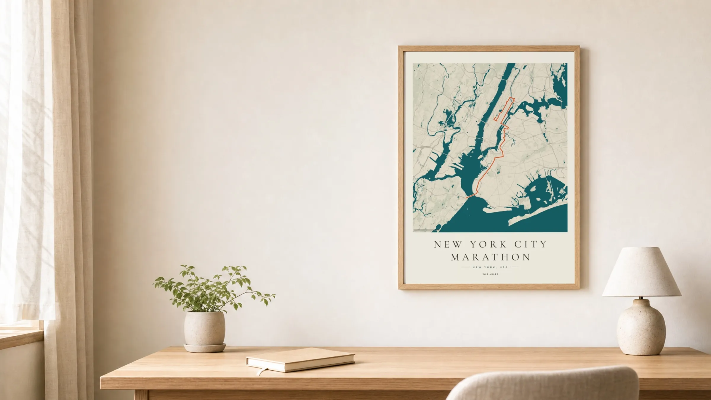 New York City Marathon 2026 Coastal Atlas route print in an oak frame above a study desk