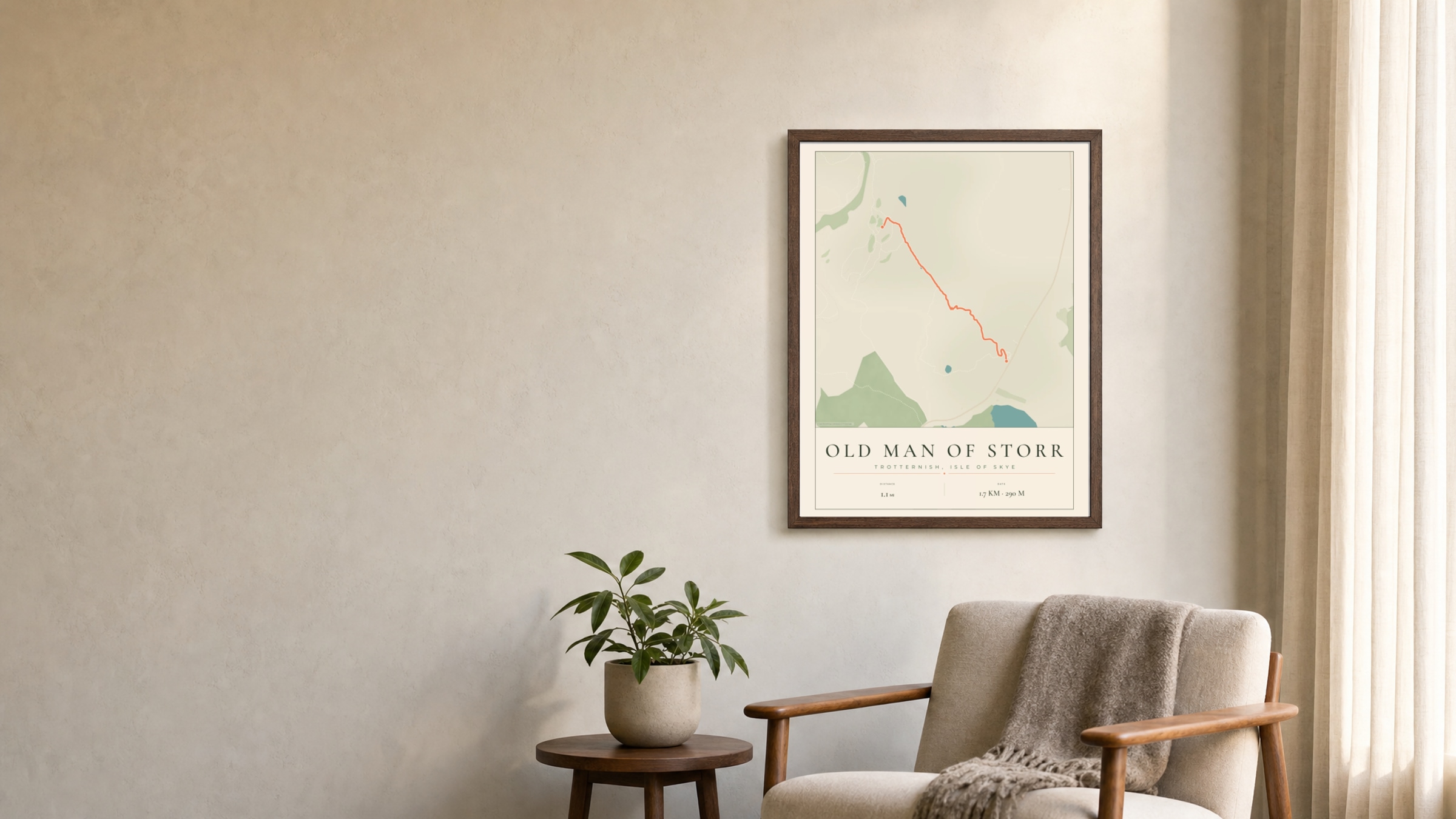 Old Man of Storr Parkland route print in a dark walnut frame on a living-room wall