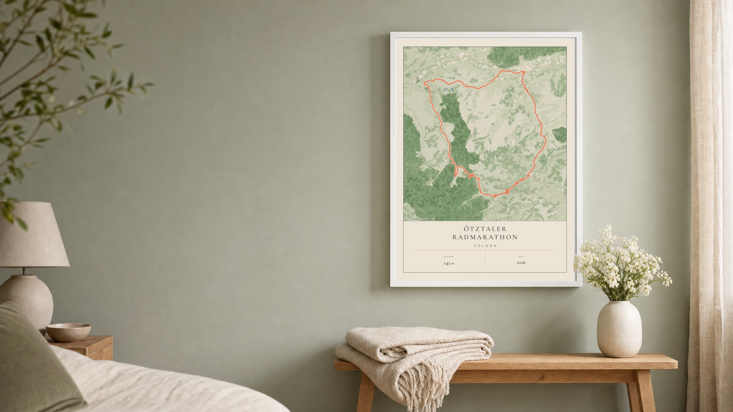 Ötztaler Radmarathon 2026 Parkland route print in a white frame on a sage bedroom wall