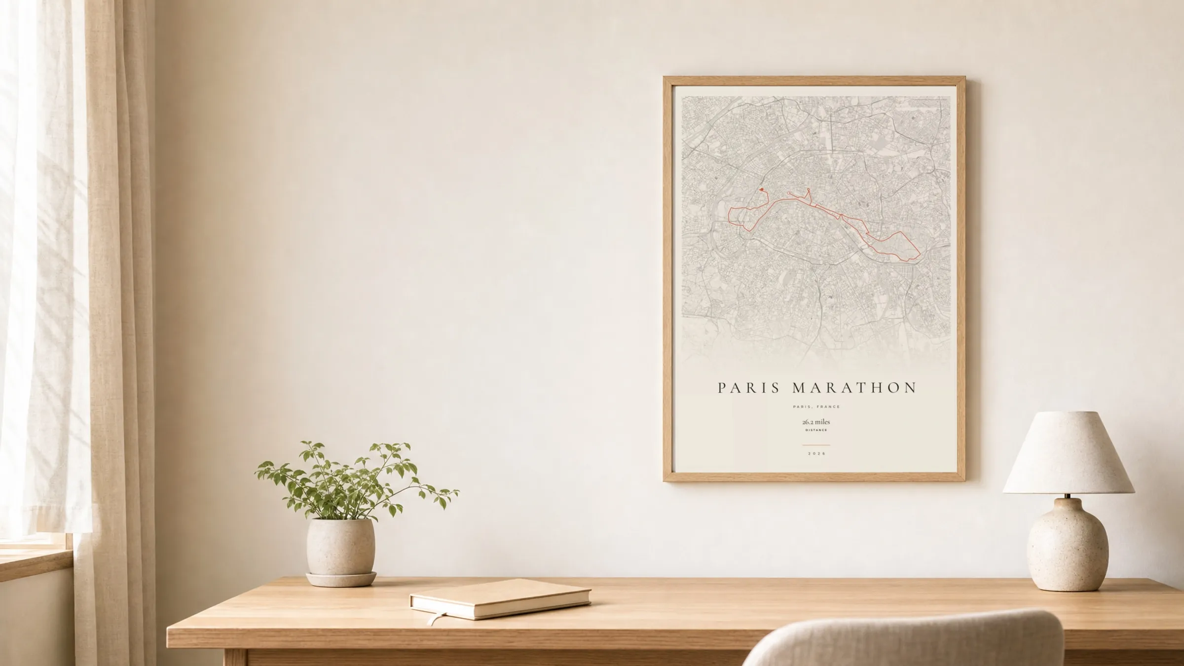Paris Marathon 2026 Gallery Mono route print in an oak frame above a study desk