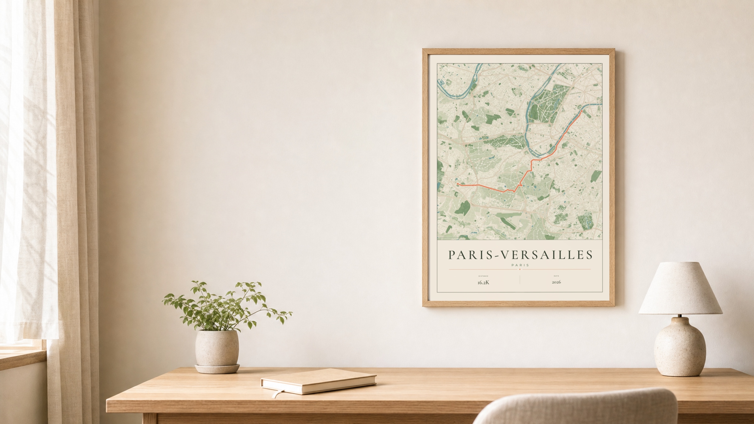 Paris-Versailles 2026 Parkland route print in an oak frame above a study desk